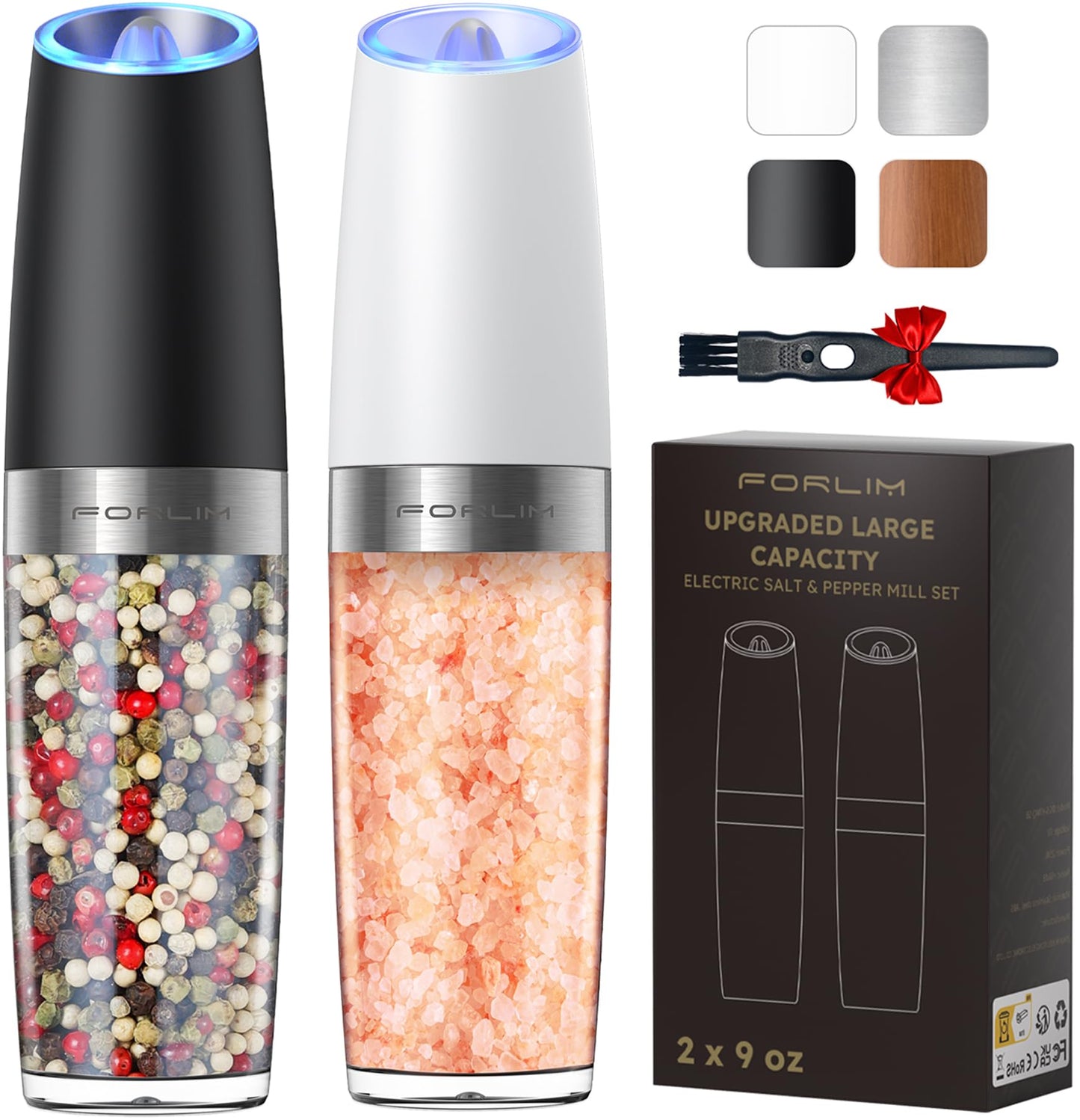 Electric Salt and Pepper Grinder Set, Upgraded 9 Oz. Capacity Refillable Battery-Operated Automatic Salt and Pepper Grinder Shakers Mill, Adjustable Coarseness One-Hand Operation (Black & White)