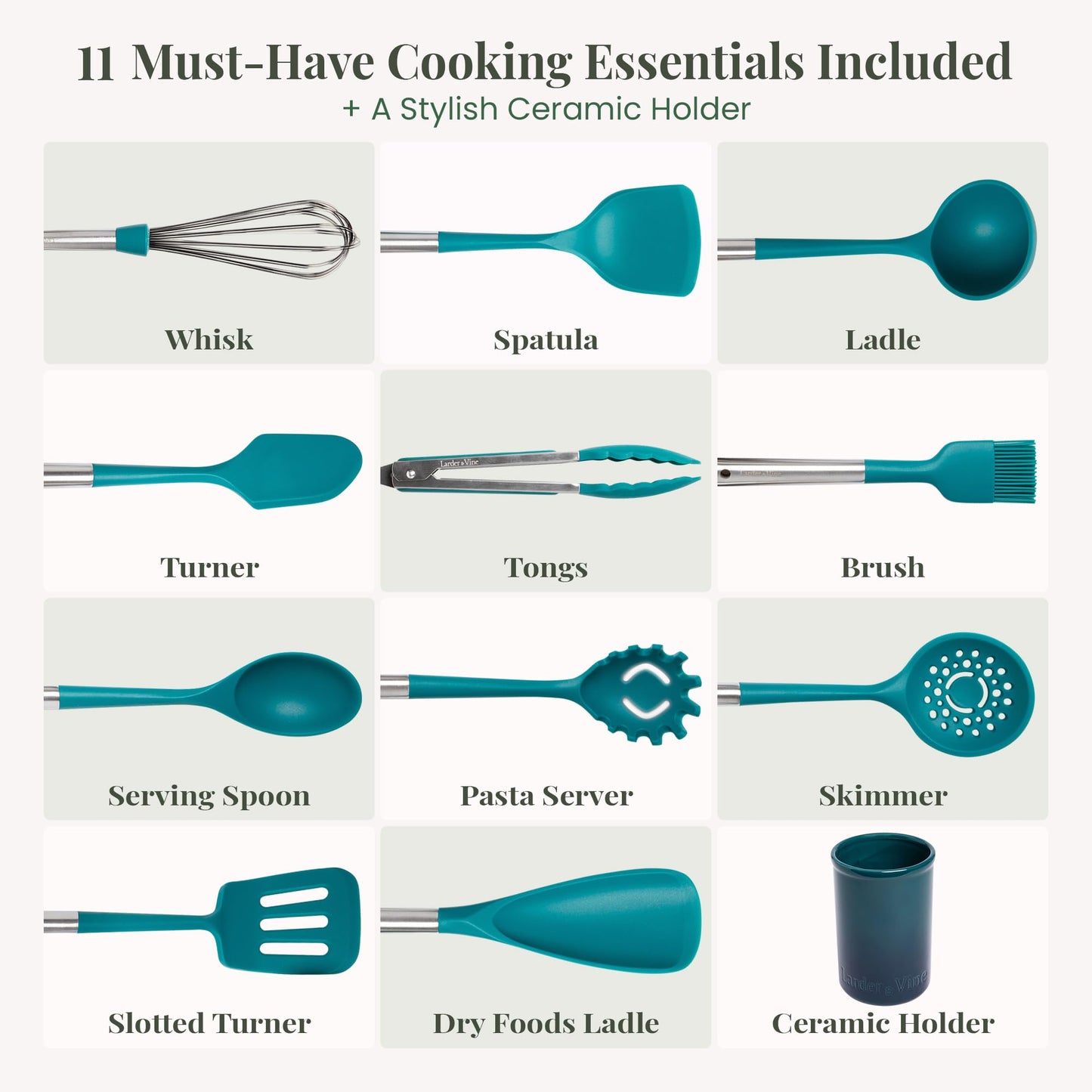 Bondi Teal 12-Piece Silicone Cooking Utensils Set | Silicone Utensils with Stainless Steel Handle and Ceramic Holder | Kitchen Utensils Set | Dishwasher Safe Set of Kitchen Essentials | Bondi