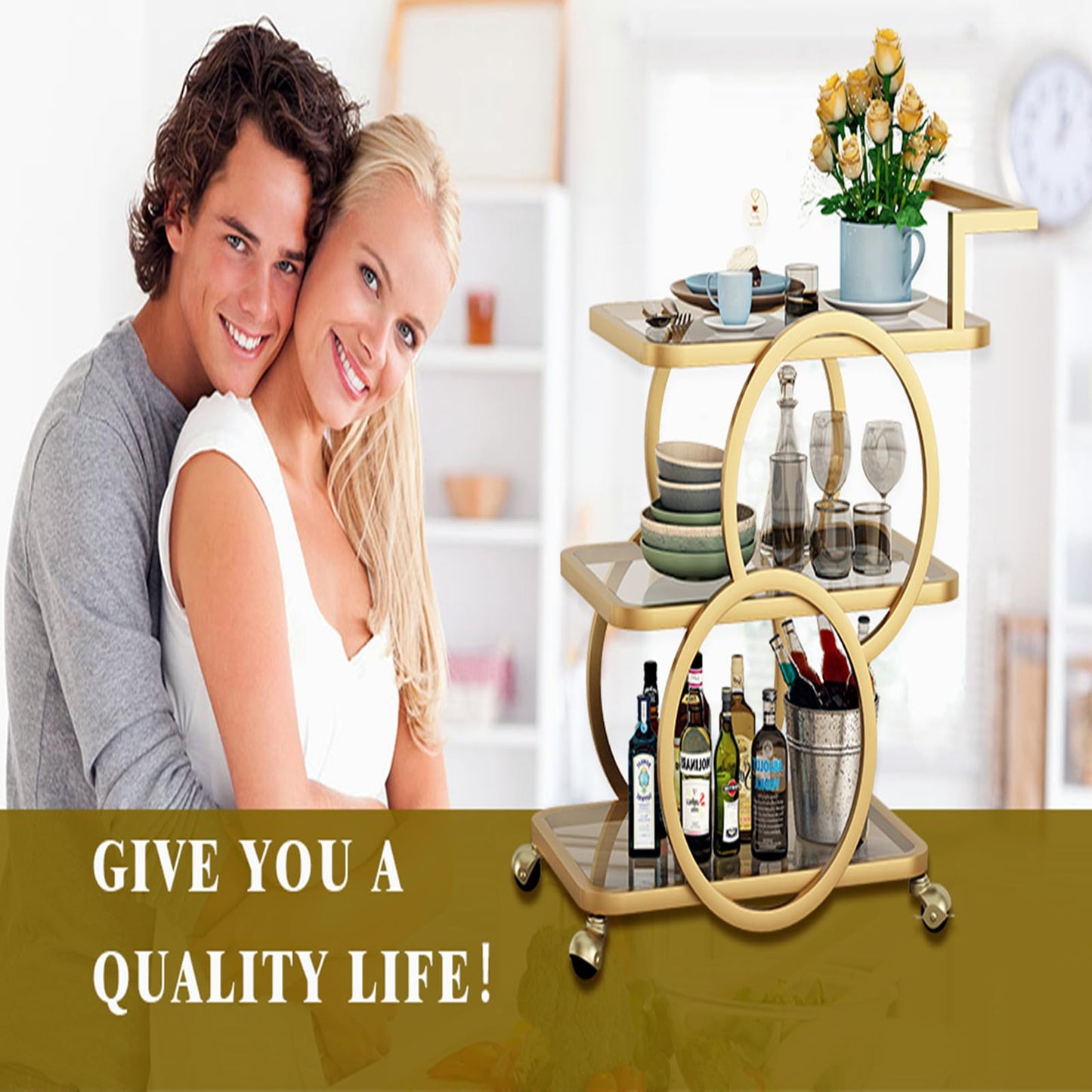 LORMITER Gold Bar Carts with 3-Tier Shelves, Rolling Bar Carts on Wheels, Kitchen Serving Cart for Dining Room, Glass Bar Carts for Home Use, Round Bar Carts, Wine Carts.