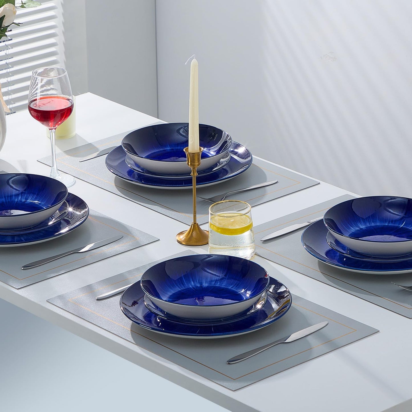 Bestone 12 Piece Round Kitchen Dinnerware Sets,Plates and Bowls sets,Dishes, Plates, Bowls, Dish Set,Plates and Bowls,Service for 4, Chip Resistant Porcelain (Dark Blue)