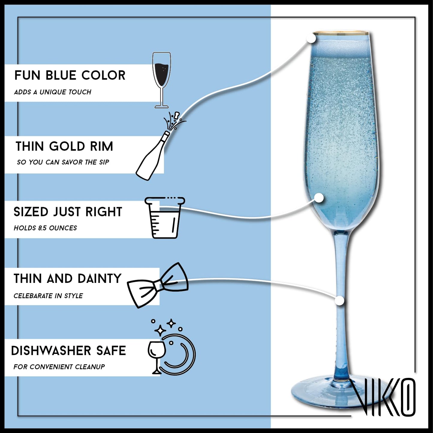 Vikko Champagne Flutes, 8.5 Ounce Toasting Champagne Flute, Blue with Gold Rim Crystal Clear Champagne Glasses, Set of 2 Elegant Sparkling Wine Glasses
