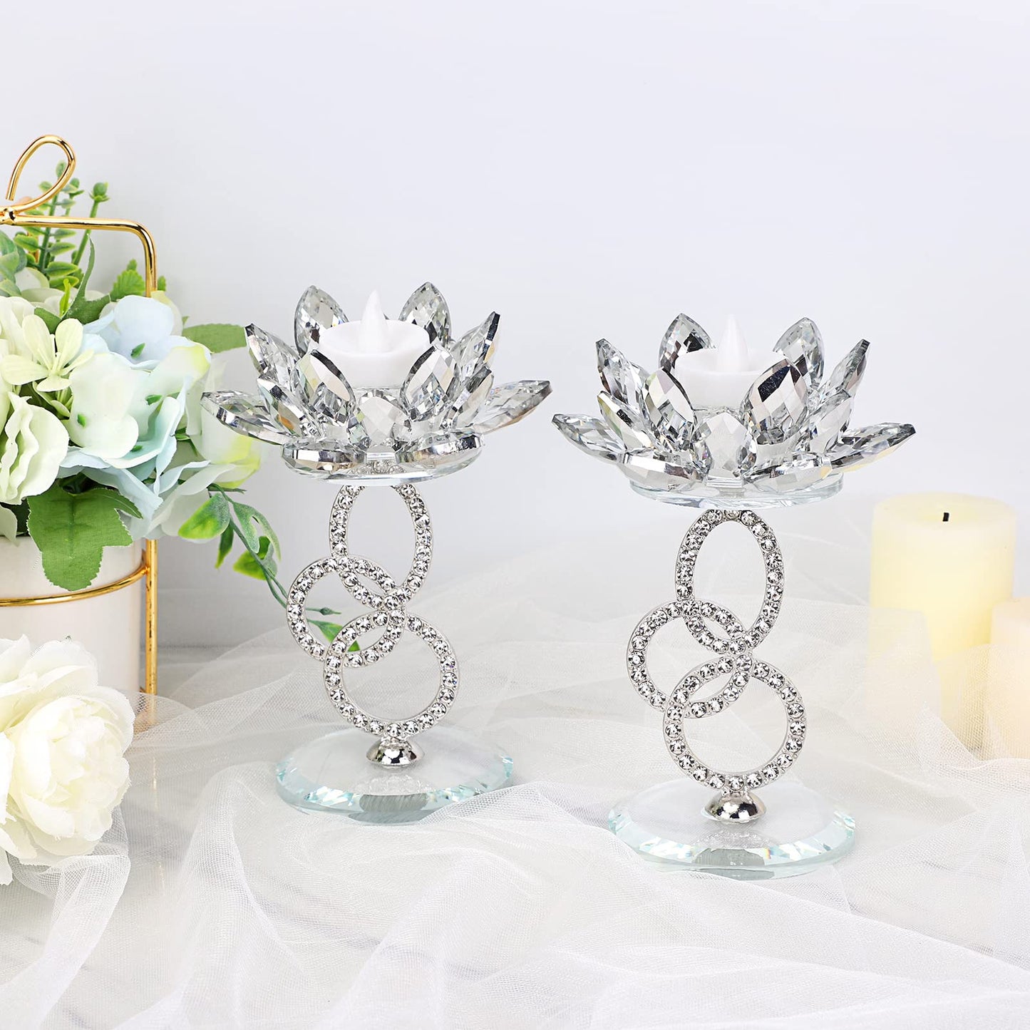 Set of 2 Crystal Lotus Flower Candlestick Holders