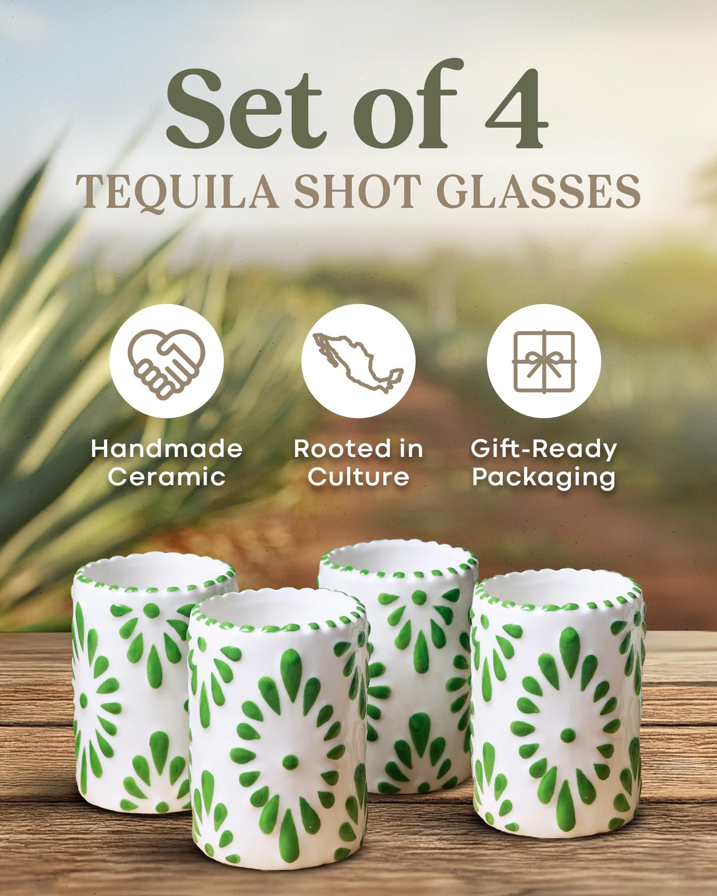 MEZCASA Talavera Shot Glasses — 100% Handmade Ceramic Tequila Shot Glasses with Talavera Mexican Pottery Design — Perfect Tequila Gifts for Women & Men for Any Occasion (GREEN | SET OF 4)