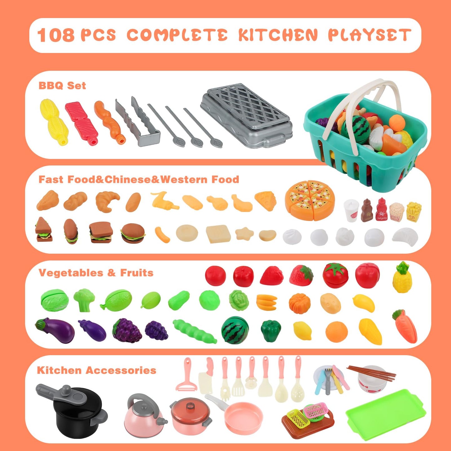 Yotino 108-Piece Play Kitchen Accessories Toddler Play Kitchen Set Play Food Set with Pots and Pans Daily Food Fruit Veges,Kitchen Accessories Fake Food for Boys Girls (Pink)