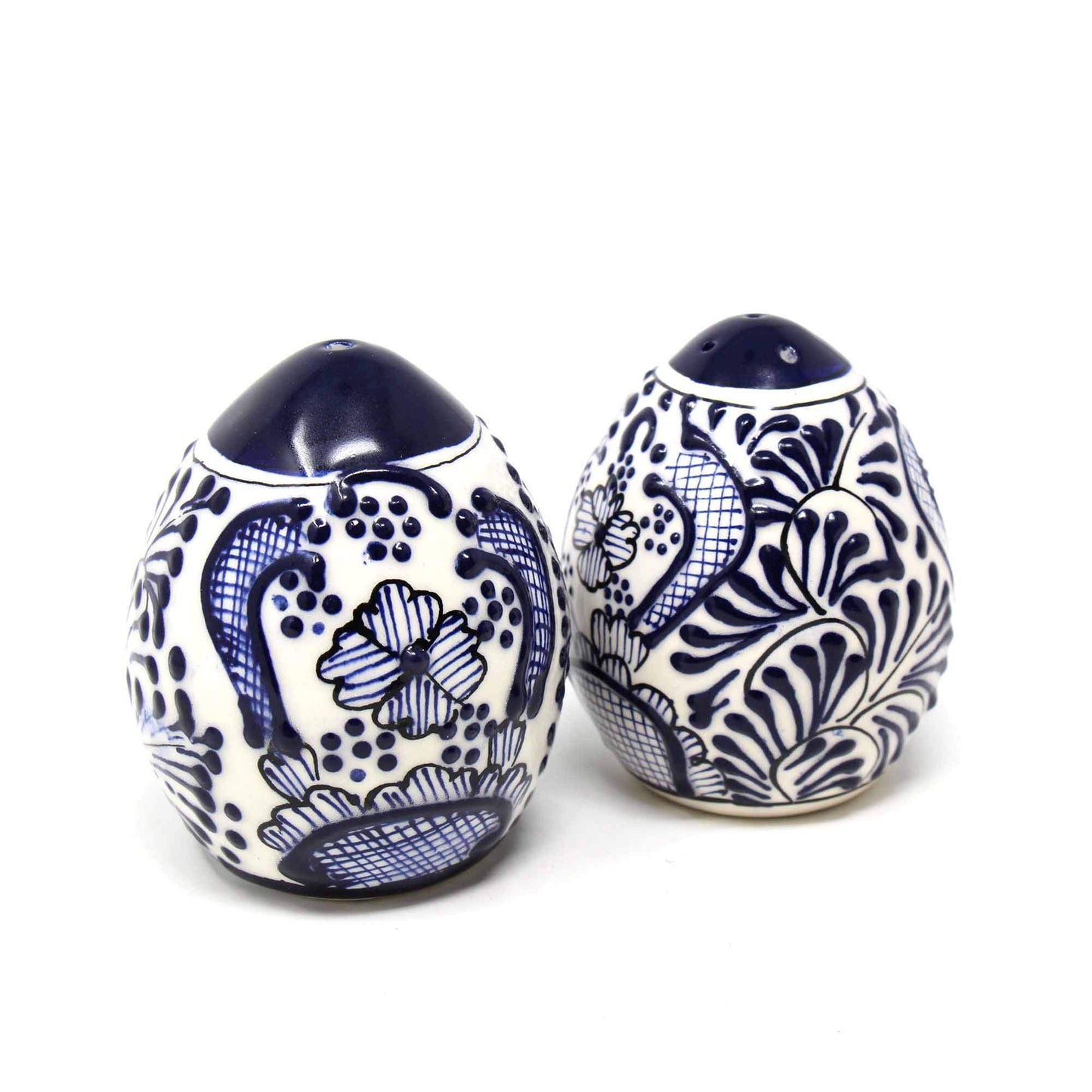 Global Crafts Encantada Handmade Hand-Painted Authentic Mexican Pottery, Salt and Pepper Shaker Set, Blue Flower (MC085F-K2)