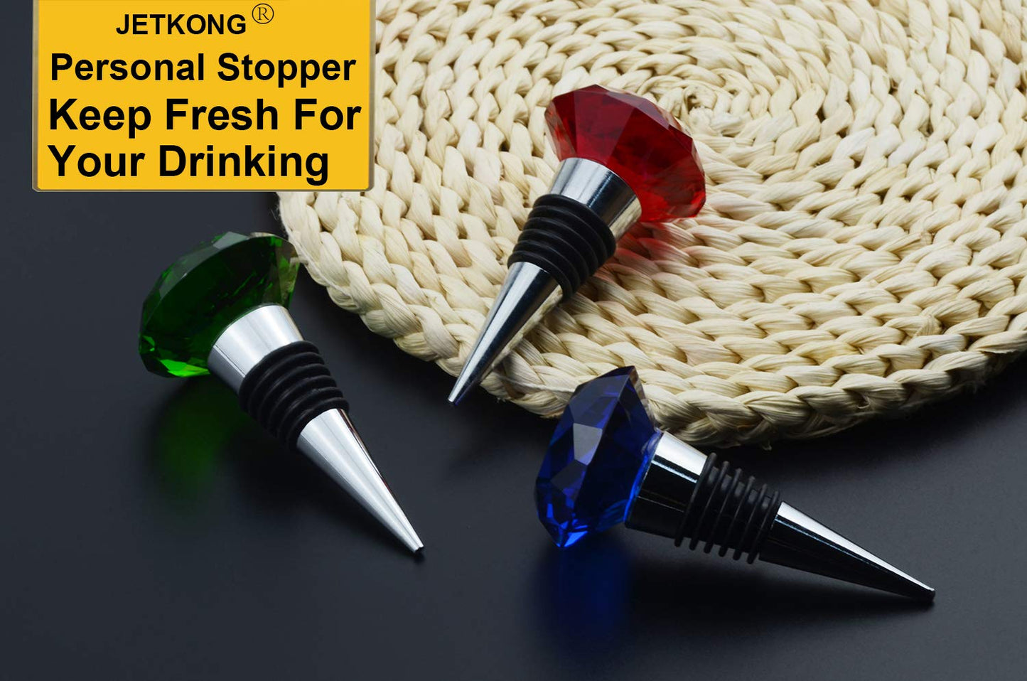 JETKONG 3 Pcs Wine Beverage Bottle Stoppers Reusable Diamond Plug Wine Corks Crystal Wine Stopper (Red Blue Green)