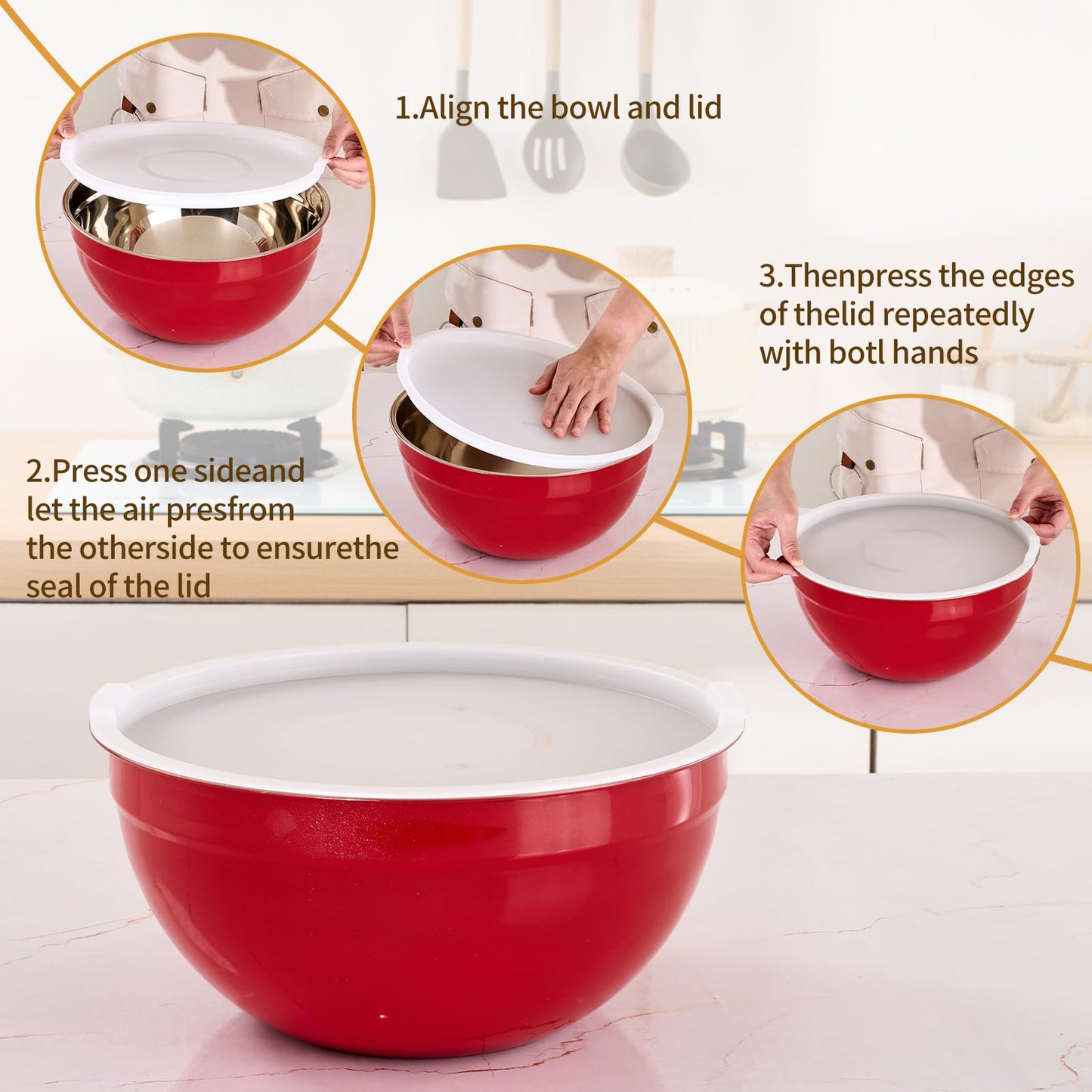 Moxinox Red Mixing Bowls with Airtight Lids, Stainless Steel Nesting Mixing Bowls Set of 7, Ideal for Baking, Prepping and Serving Food, Size 7, 3.6, 2.7, 2.1, 1.5, 1.1,0.8 QT, Stackable Design