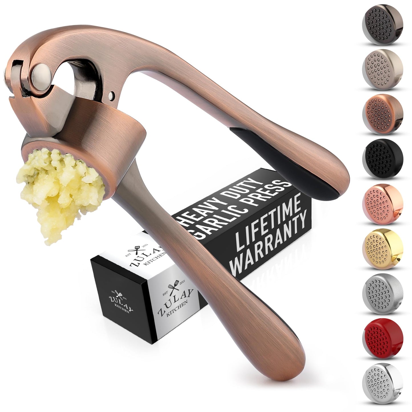 Zulay Kitchen Premium Garlic Press Set - Rust Proof and Dishwasher Safe Professional Garlic Mincer Tool - Easy-Squeeze, Easy-Clean with Soft, Ergonomic Handle - Silicone Garlic Peeler and Brush (Copper)