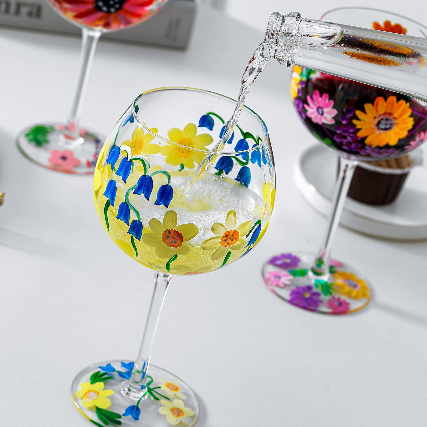 Hand-Painted Wine Glass Blue White Yellow Flowers Artisan Painted 20.5 Oz. Personalised Gift Idea