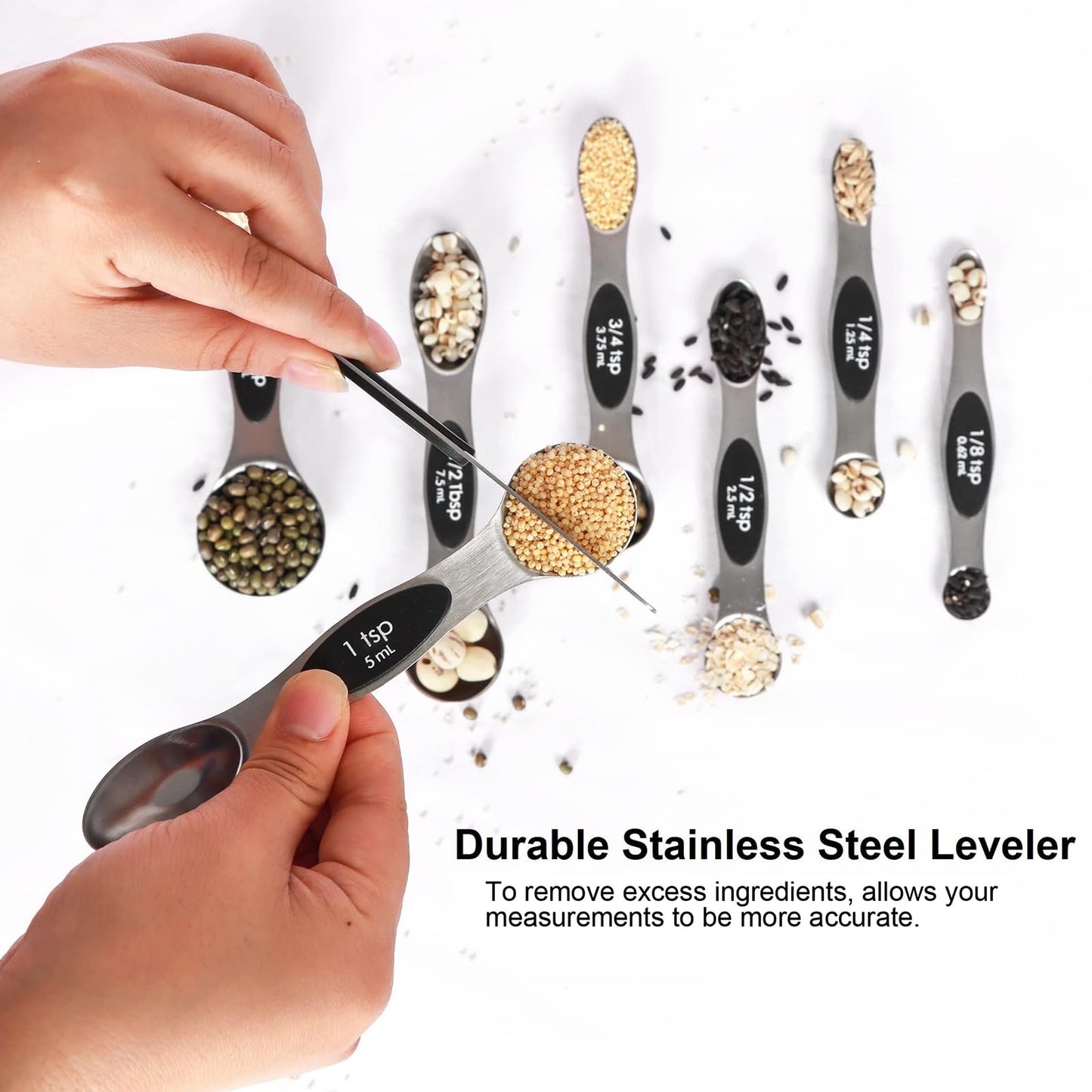 Magnetic Measuring Spoons Set Stainless Steel with Leveler, Stackable Metal Tablespoon Measure Spoon for Baking, Cups and Spoon Set Kitchen Gadgets Apartment Essentials Fits in Spice Jars