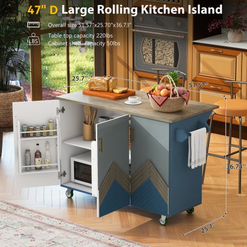 Retro Mountain Wood 47D Kitchen Island With Drop Leaf, Accent Cabinet With Internal Storage Rack, Farmhouse Rolling Kitchen Cart On Wheels For Living Room, Kitchen, Dining Room