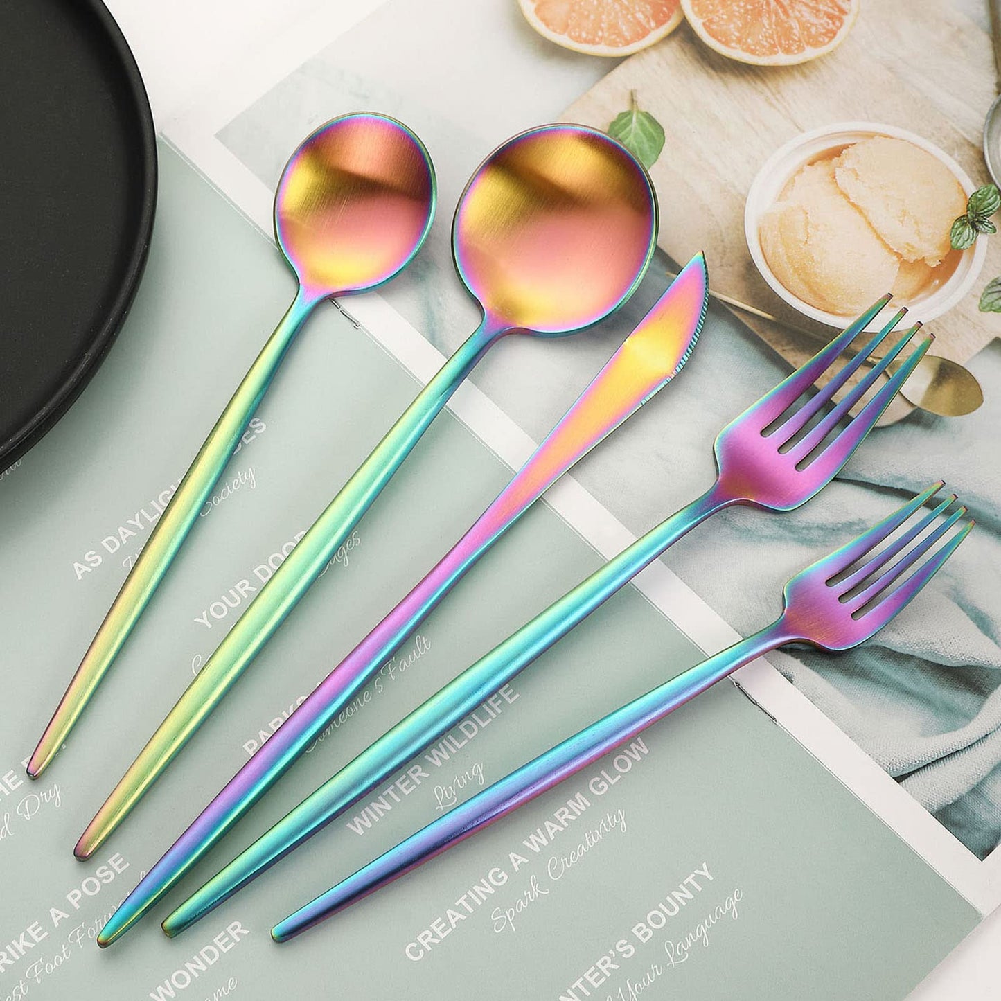 Rainbow Flatware Matte Silverware Set - 20 Piece 18/10 Colorful Stainless Steel Flatware Cutlery Utensils Tableware Set Service for 4, Includes Knife/Fork/Spoon, Reusable, Dishwasher Safe