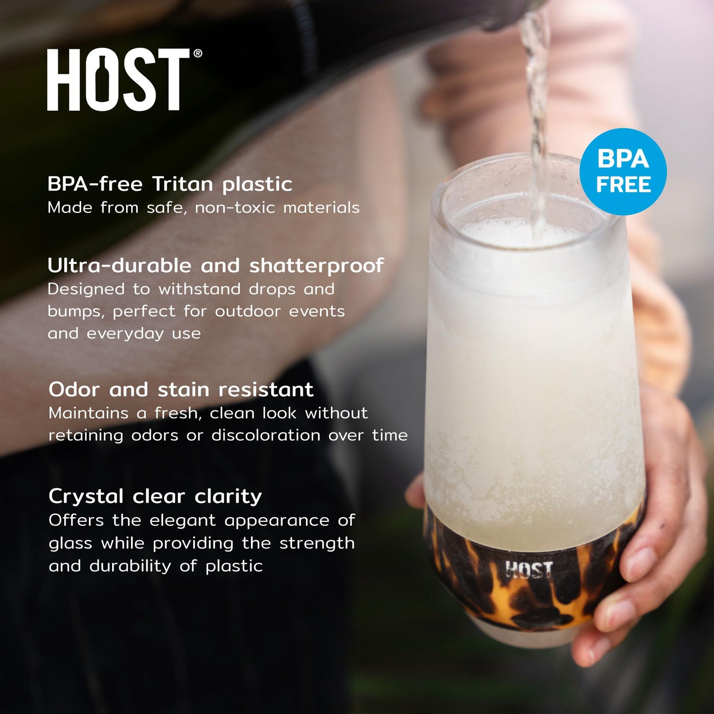 Host Champagne Freeze, Double-Walled Stemless Wine Glasses Freezer Cups with Active Cooling Gel and Insulated Silicone Grip, 9oz, Set of 4, Glitter