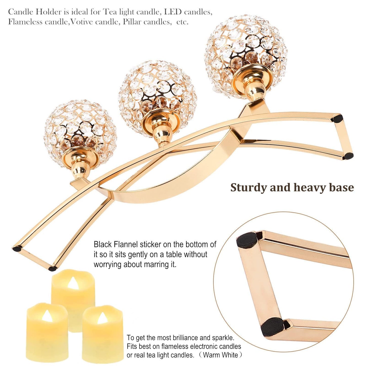Gold Crystal Beaded Candle Holders 3 Arms Candelabra HurricaneTea Lights Candle Holder Wedding Coffee Dining Table Centerpiece Table Decorations Living Room Dinner Table Decor Gifts for Women Wife Mom