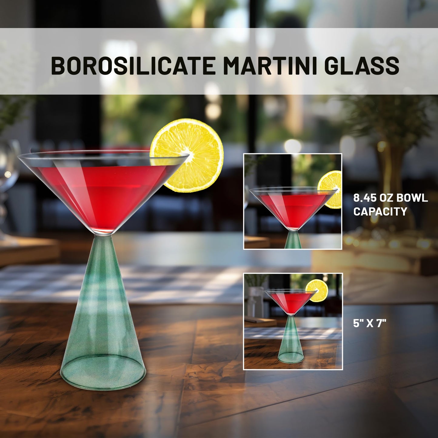 Gusto Buono 8.4oz Martini Glasses – Set of 4 Drinkware with Sea Green Stem Geometric Design | Heat-Resistant, Dishwasher & Microwave Safe | Perfect for Martinis, Cocktails, Home, Parties, & Gifts