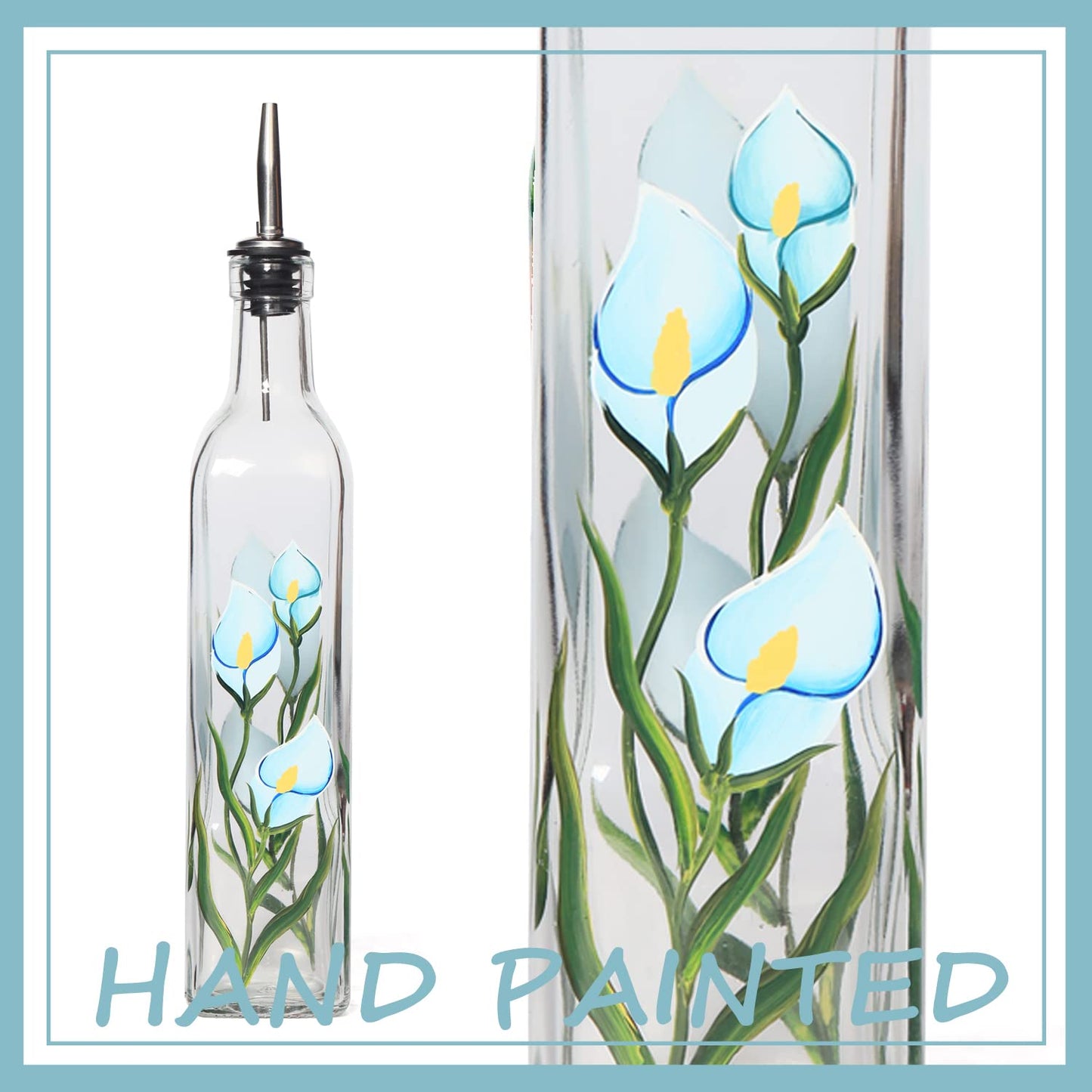 YIYUKODO 17oz Hand Painted Glass Olive Oil Bottle - 500ml Green Oil & Vinegar Cruet with Pourers - Olive Oil Carafe Decanter for Kitchen (Morning glory)