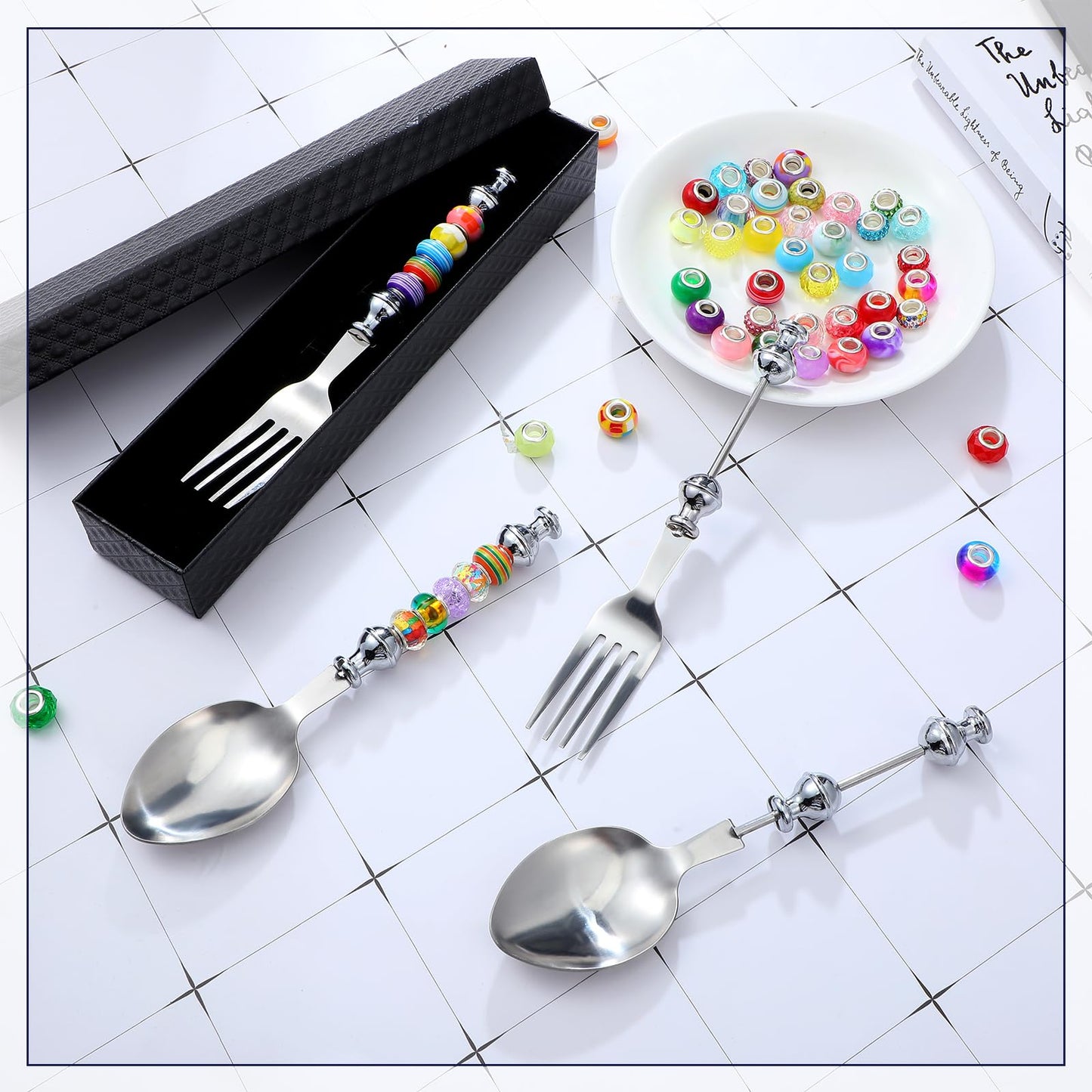 6-Piece Beadable Spoon Fork Set with 50 Assorted Large Hole Beads Stainless Steel Spoons and Forks, 3 Cute Spoons 3 Dinner Forks Bead Dessert Spoon for Party Favors DIY Project Bead Project