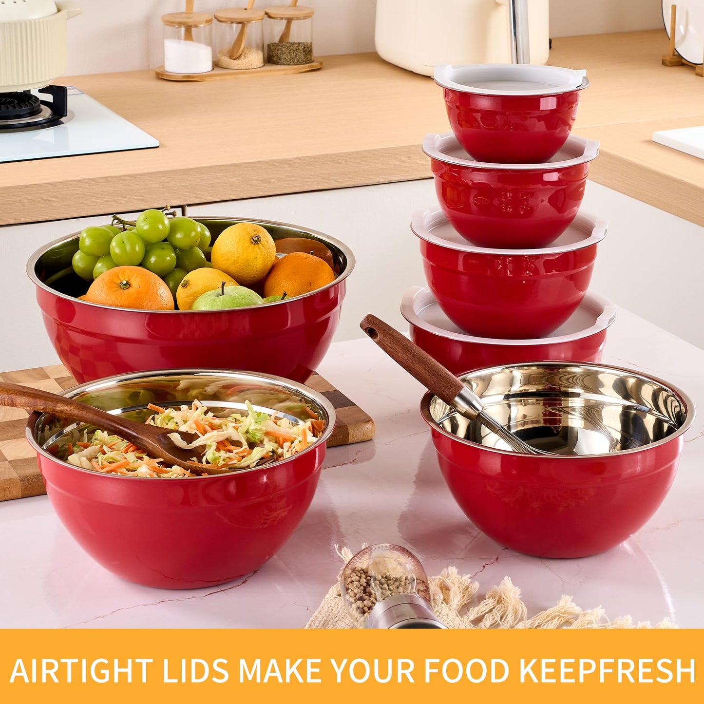 Moxinox Red Mixing Bowls with Airtight Lids, Stainless Steel Nesting Mixing Bowls Set of 7, Ideal for Baking, Prepping and Serving Food, Size 7, 3.6, 2.7, 2.1, 1.5, 1.1,0.8 QT, Stackable Design
