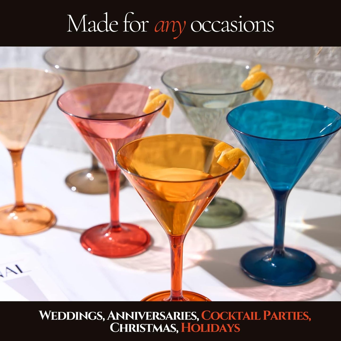 European Style Plastic Crystal Glasses, Unbreakable Martini, Cocktail | Set of 6 | Shatterproof Acrylic 100% Tritan Drinkware, Colored BPA-free, Reusable, Outdoor, Pool and Indoor, Dishwasher Safe 10 Oz.