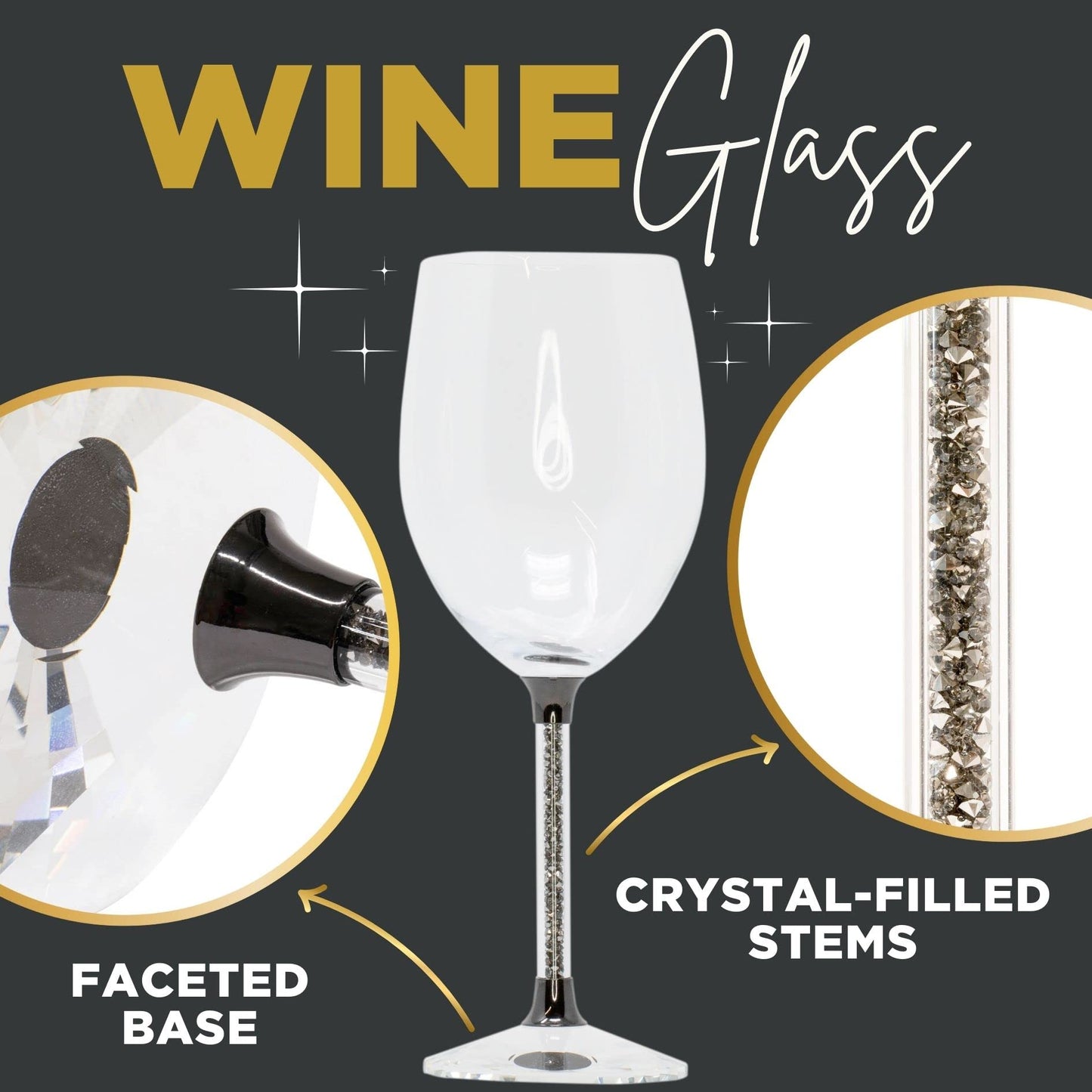 Sparkles Home Vetrina Stem Wine Glass, Sophisticated Crystal Glassware, Faceted Base, Red, White, Rosé, For Celebration Dining Table Setting, Event, Wedding, Charcoal, Set of 2 in Gift Box