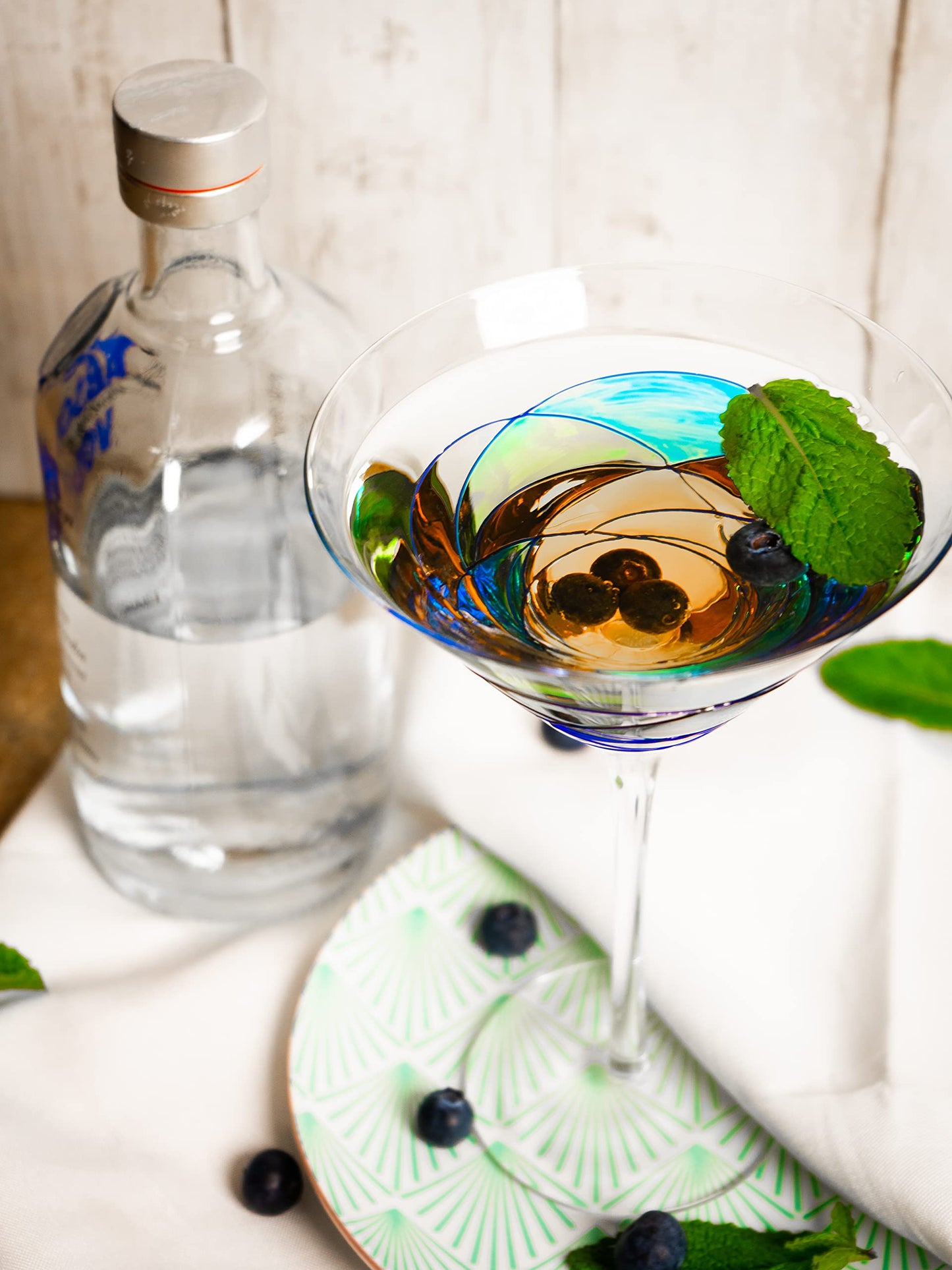 Antoni Barcelona Martini Glass Special Dry Cocktail 12 Oz. BLUE LINE Refreshment Party Mediterranean Stunning Gift Drinkware Birthday Present Weddding Anniversary (Set 2)