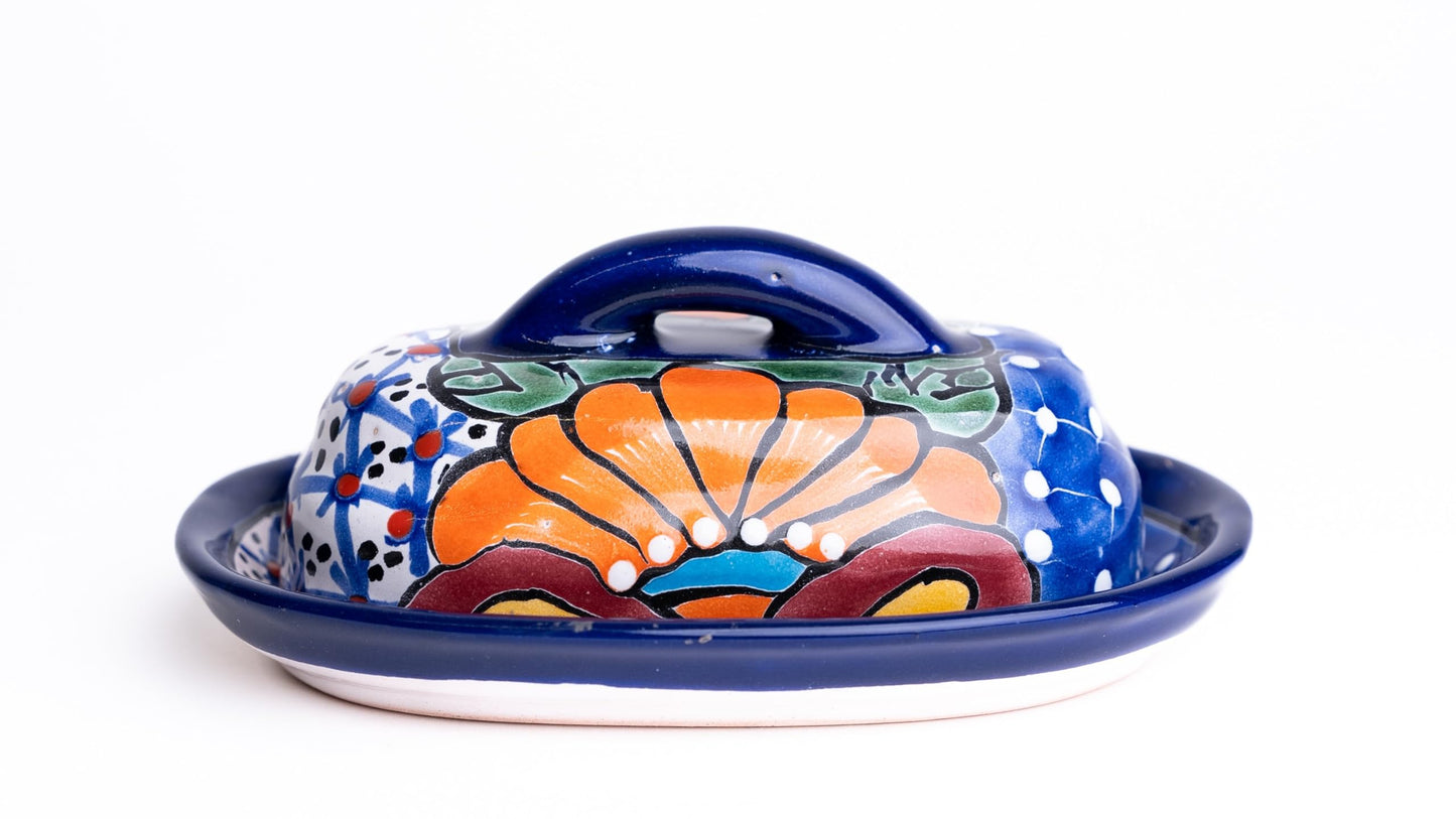 MEXTEQUIL - Butter Dish Ceramic Talavera with Lid Hand Painted Authentic Mexican Pottery Kitchen Floral Design (Blue)