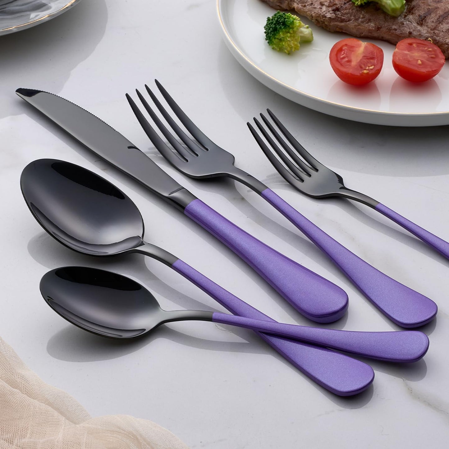 Black and Purple 20-Piece Silverware Set 18/0 Stainless Steel Flatware Purple Handle Cutlery Set Service for 4 Dinner Knives Forks Spoons Set Mirror Finish Dishwasher Safe