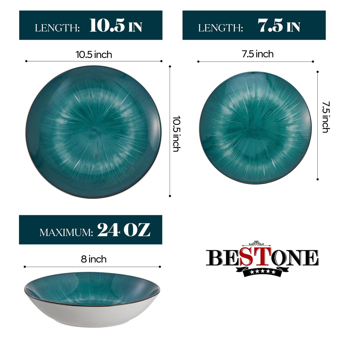 Bestone 12 Piece Round Kitchen Dinnerware Set,Plates and Bowls sets,Dishes, Plates, Bowls, Dish Set,Plates and Bowls,Service for 4, Chip Resistant Porcelain,Starburst Green