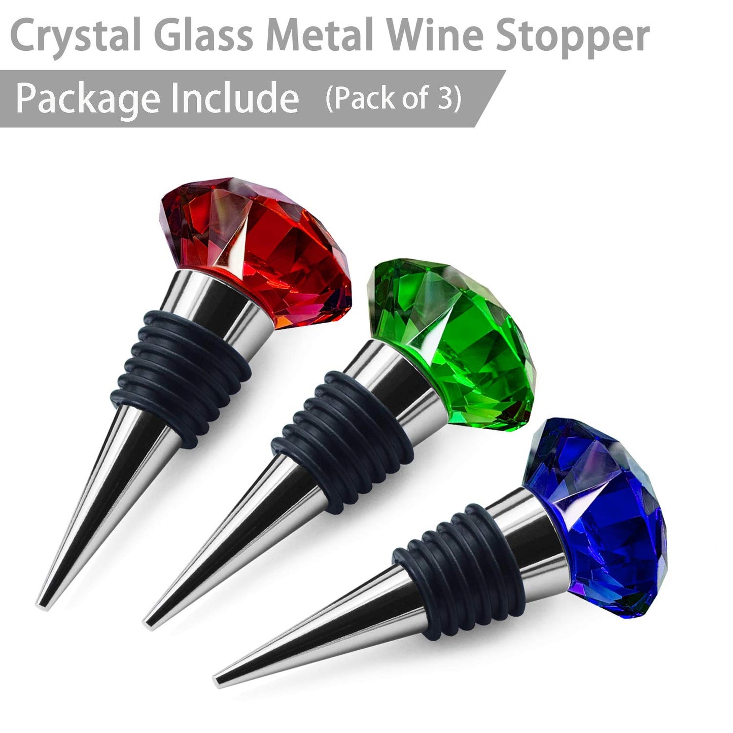 JETKONG 3 Pcs Wine Beverage Bottle Stoppers Reusable Diamond Plug Wine Corks Crystal Wine Stopper (Red Blue Green)