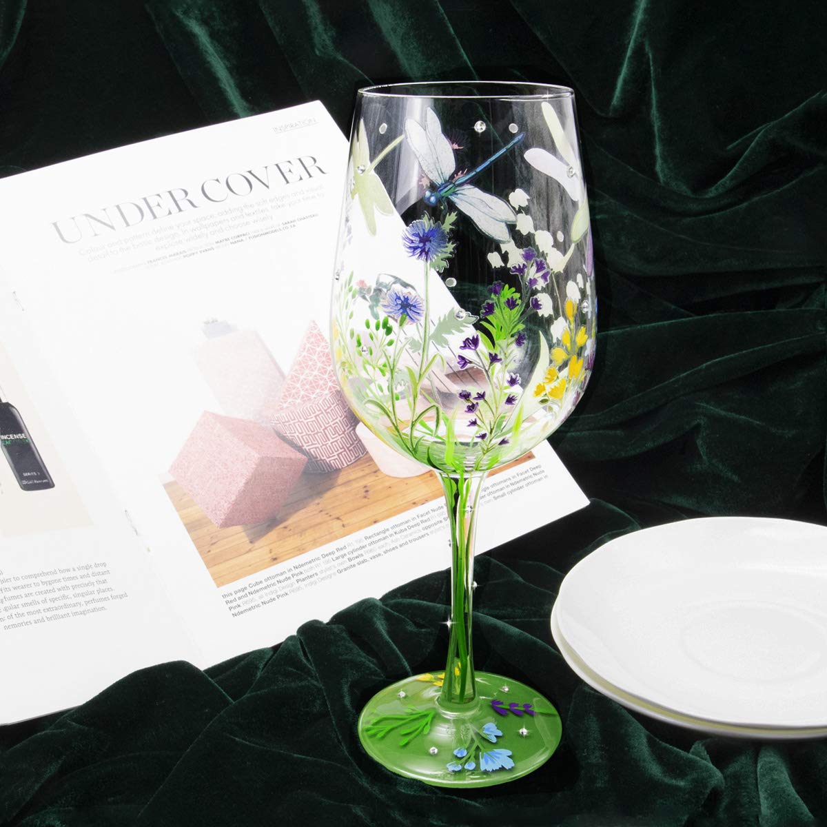 NymphFable Hand Painted Wine Glass Colorful Dragonfly Flower Artisan Painted 15 oz Glass Novelty Gift for Birthdays,Weddings,Valentine's Day