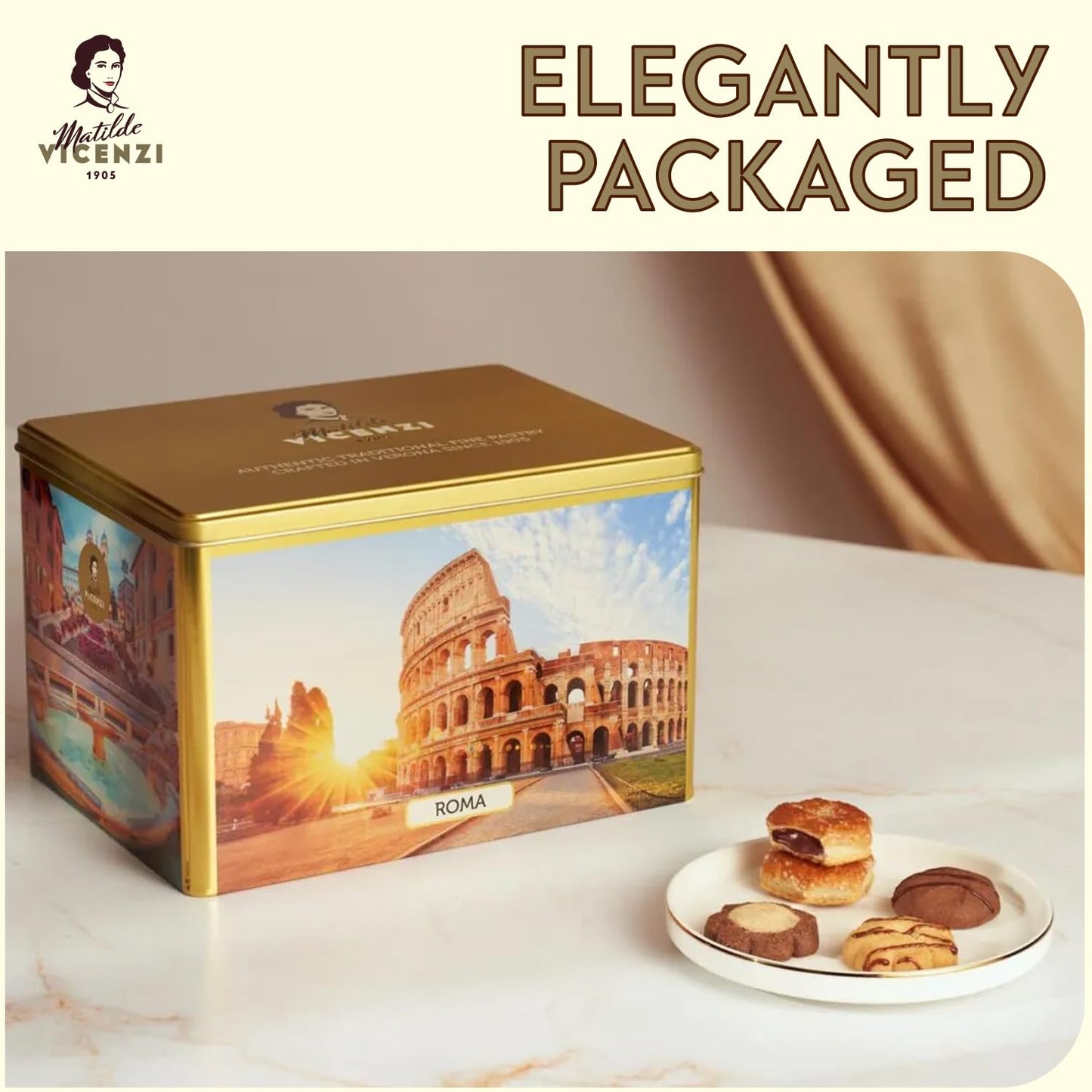 Matilde Vicenzi Roma Cookie Tin - Italian Pastries and Bakery Cookies in Individually Wrapped Trays - Bakery Dessert Gifts - Puff Pastry, Assorted Cookies in Italian Design Gift Tin 32oz (907g)