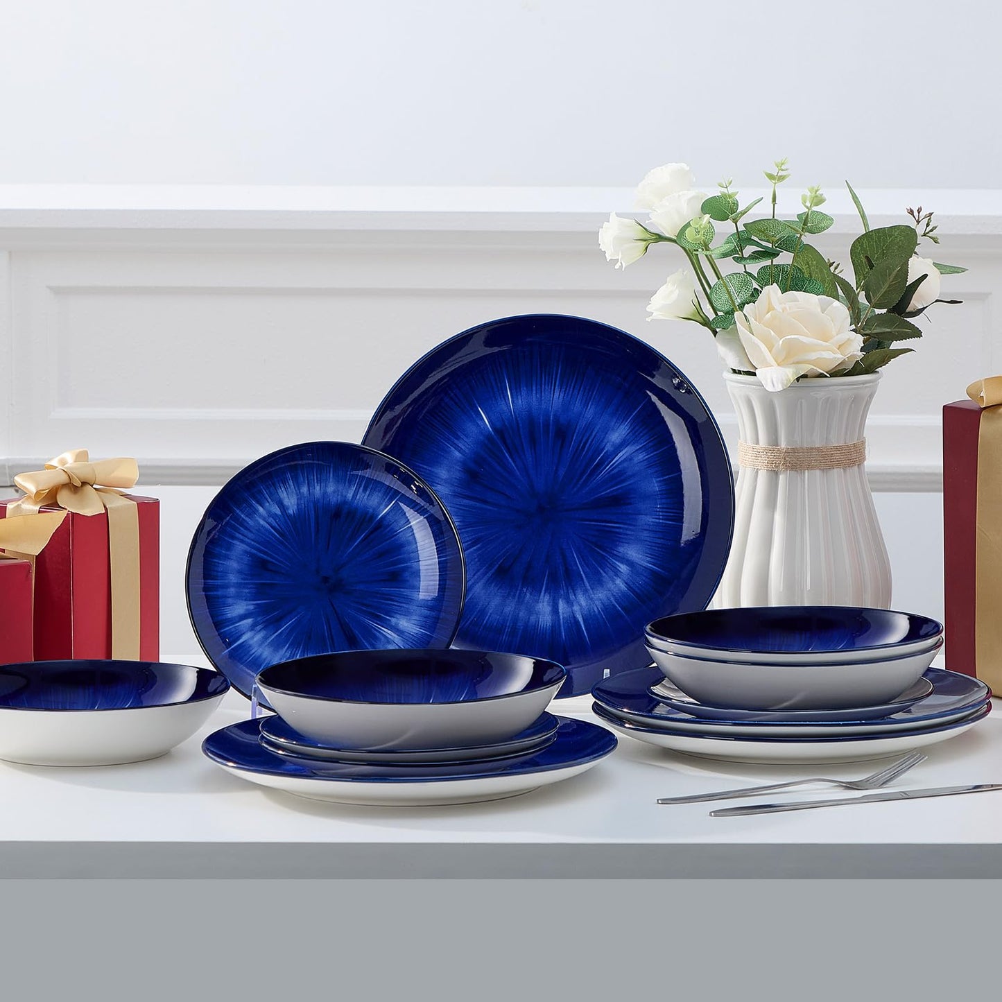 Bestone 12 Piece Round Kitchen Dinnerware Sets,Plates and Bowls sets,Dishes, Plates, Bowls, Dish Set,Plates and Bowls,Service for 4, Chip Resistant Porcelain (Dark Blue)