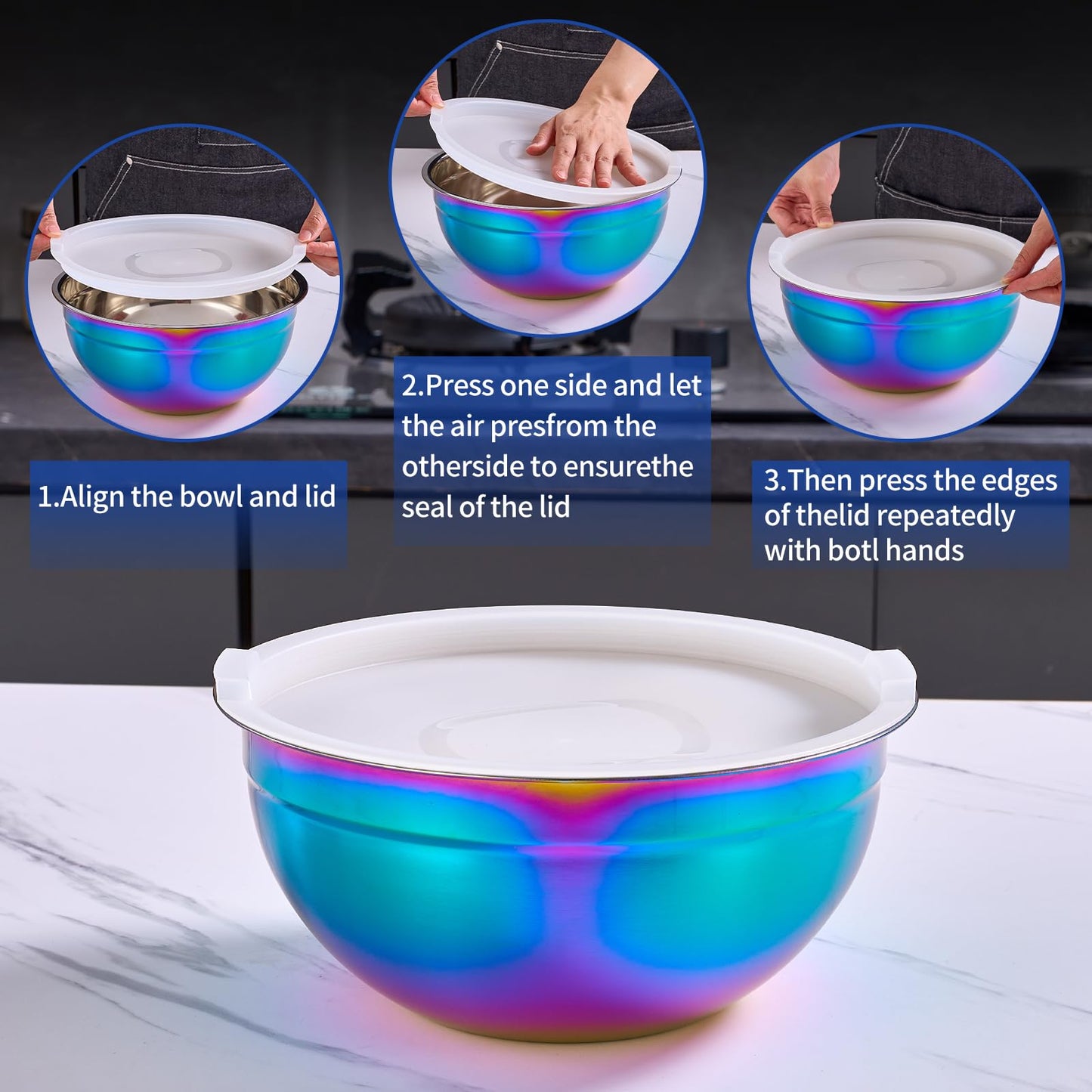 Moxinox Colorful Mixing Bowls with Airtight Lids, Stainless Steel Nesting Mixing Bowls Set of 7, Ideal for Baking, Prepping and Serving Food, Size 7, 3.6, 2.7, 2.1, 1.5, 1.1,0.8 QT, Stackable Design