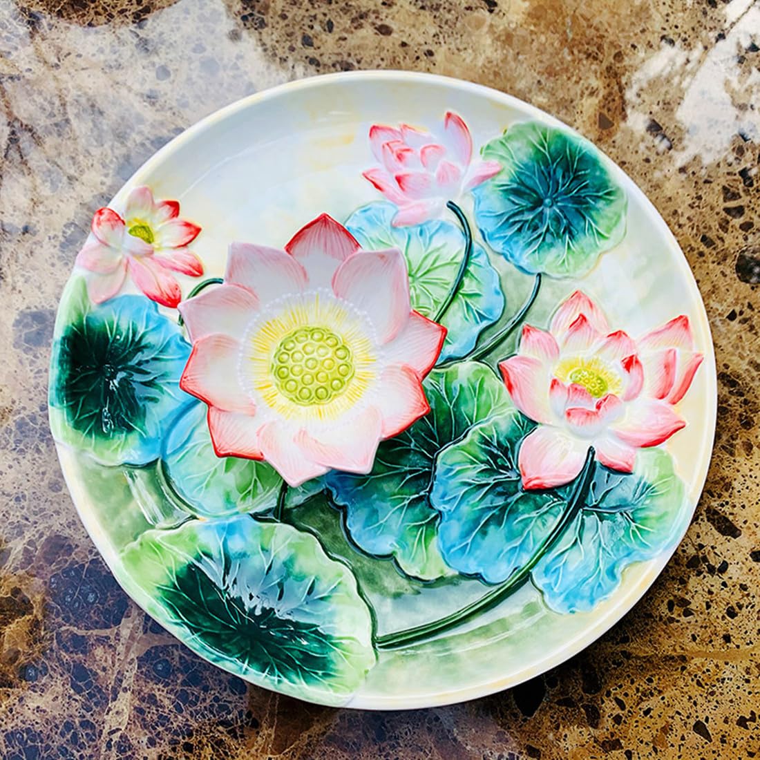 Handpainted 12-Inch Ceramic Chip and Dip Platter with Lotus Flower Design