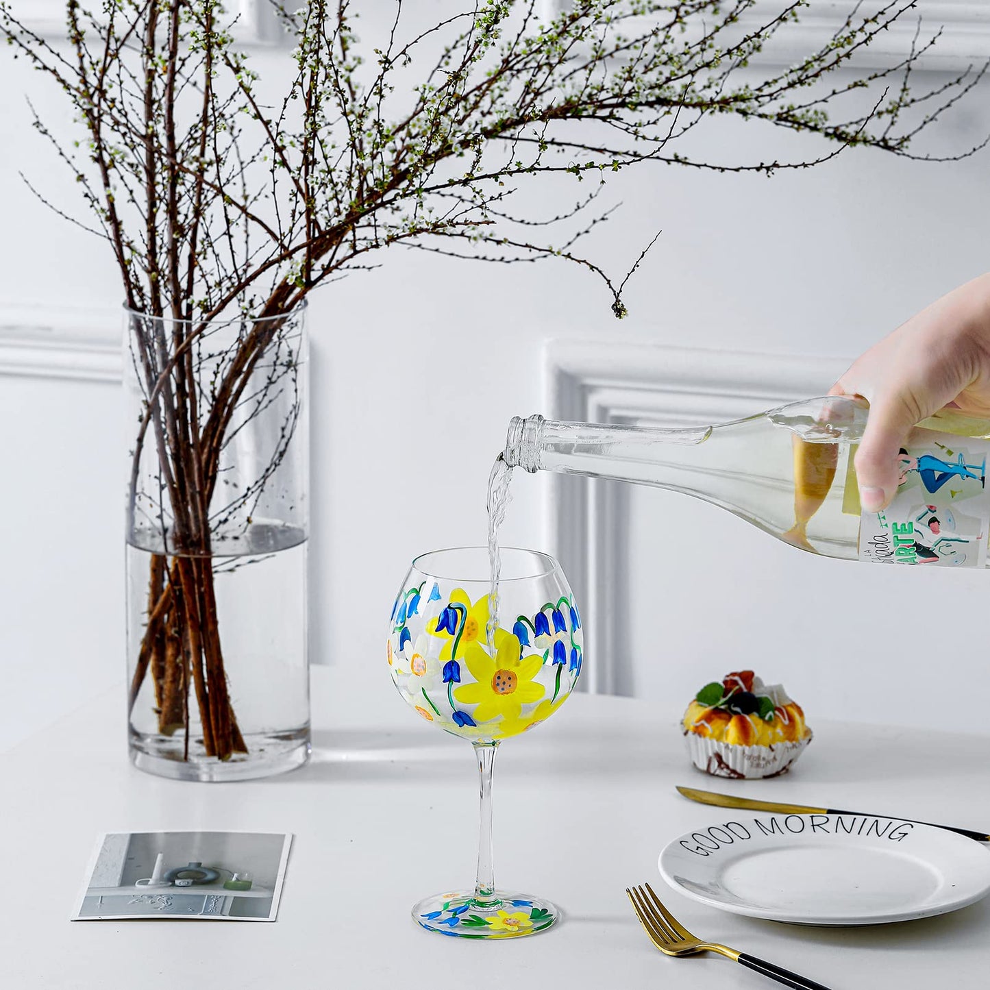 Hand-Painted Wine Glass Blue White Yellow Flowers Artisan Painted 20.5 Oz. Personalised Gift Idea