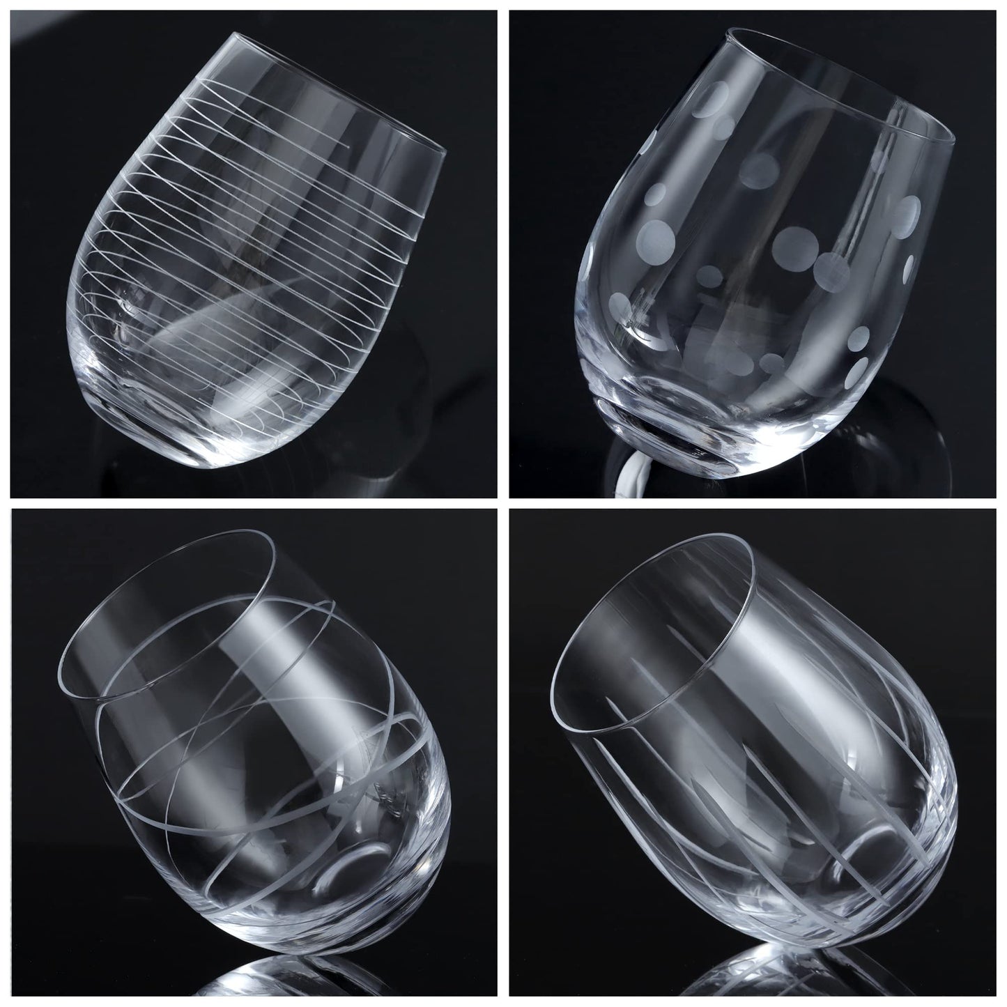 Hand-Blown Joeyan Etched Stemless Wine Glasses with Dots Strips Pattern for Red Wine, Large Carved Drinking Glass Cups Tumblers for Wedding Anniversary Party Home, Set of 4, 17.5 oz.