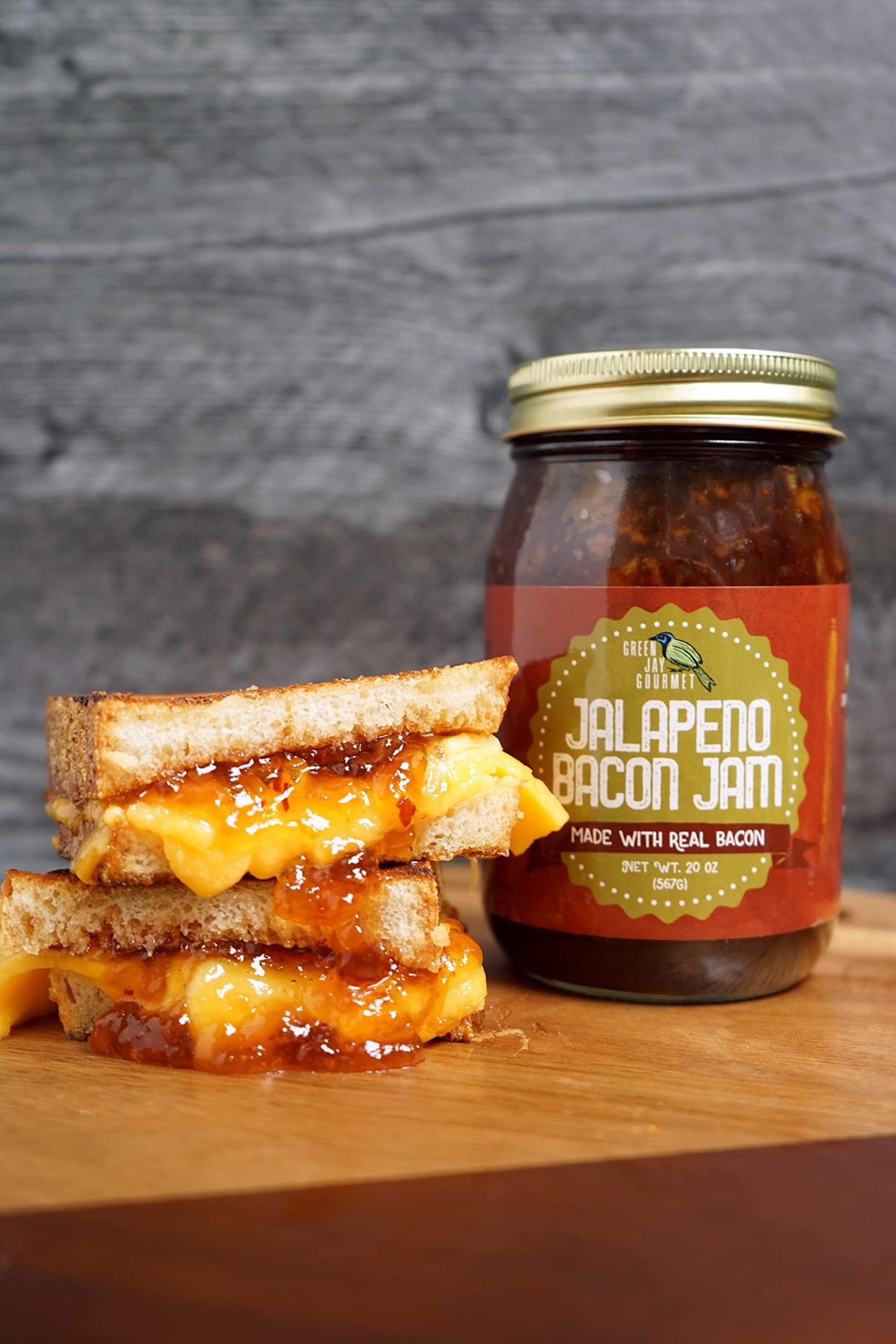 Green Jay Gourmet Jalapeno Bacon Jam - Classic Spread for Burgers, Sandwiches, Toast, Charcuterie - Sweet, Savory Flavoring for Meat, Poultry, Dressing - Zero Trans Fat, No MSG, Gluten-Free - 20 Oz. Jar