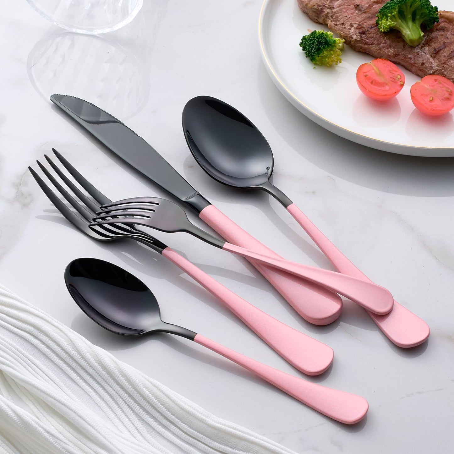 Black and Pink 20-Piece Silverware Set 18/0 Stainless Steel Flatware Warm Pink Handle Cutlery Set Service for 4 Dinner Knives Forks Spoons Set Mirror Finish Dishwasher Safe