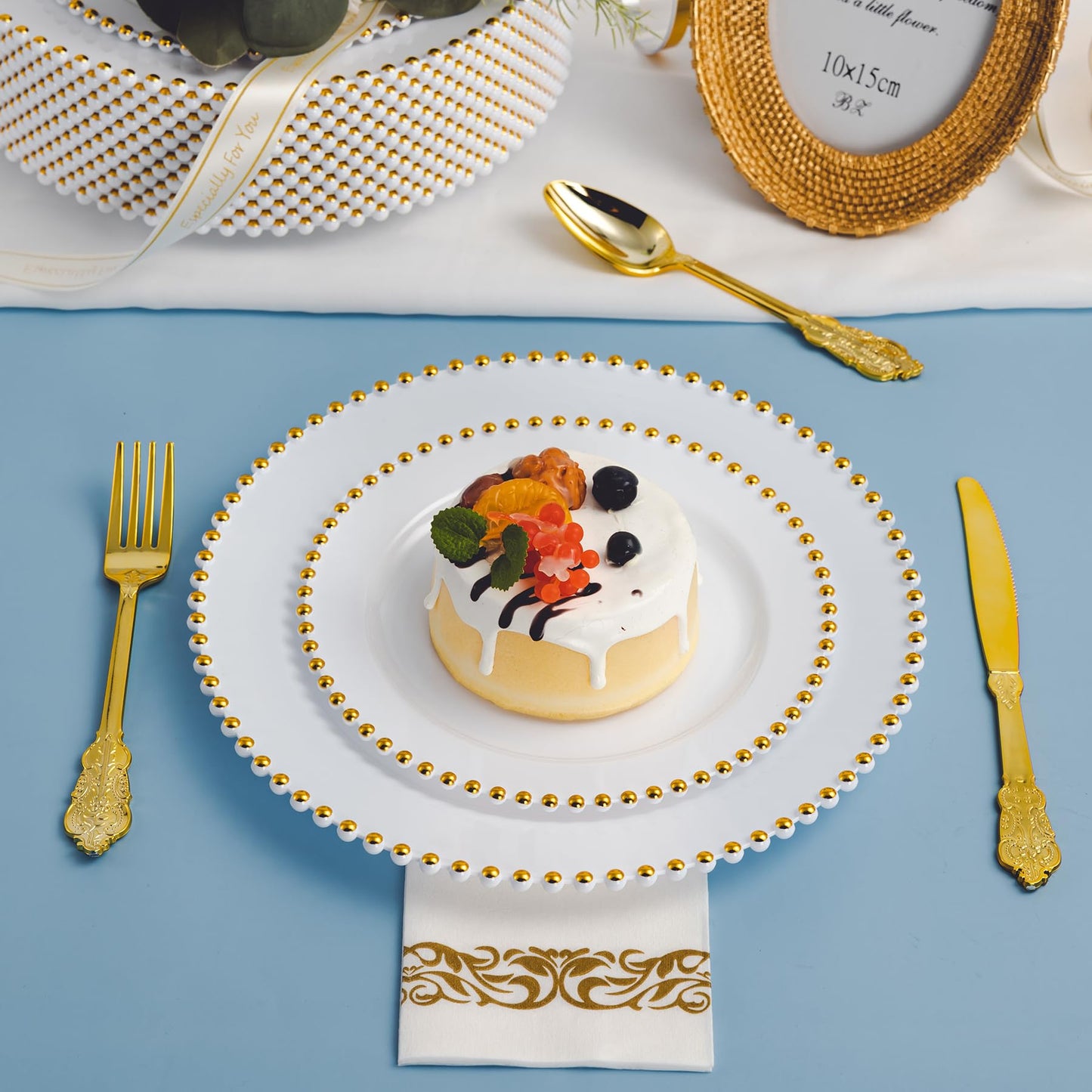 75-Piece Gold Bead-Rimmed Plastic Plate and Utensils Set, Heavy Duty Dinnerware Set Includes 15 Dinner Plates, 15 Dessert Plates, 15 Gold Plastic Forks, 15 Spoons, 15 Knives, Perfect for Parties and Weddings