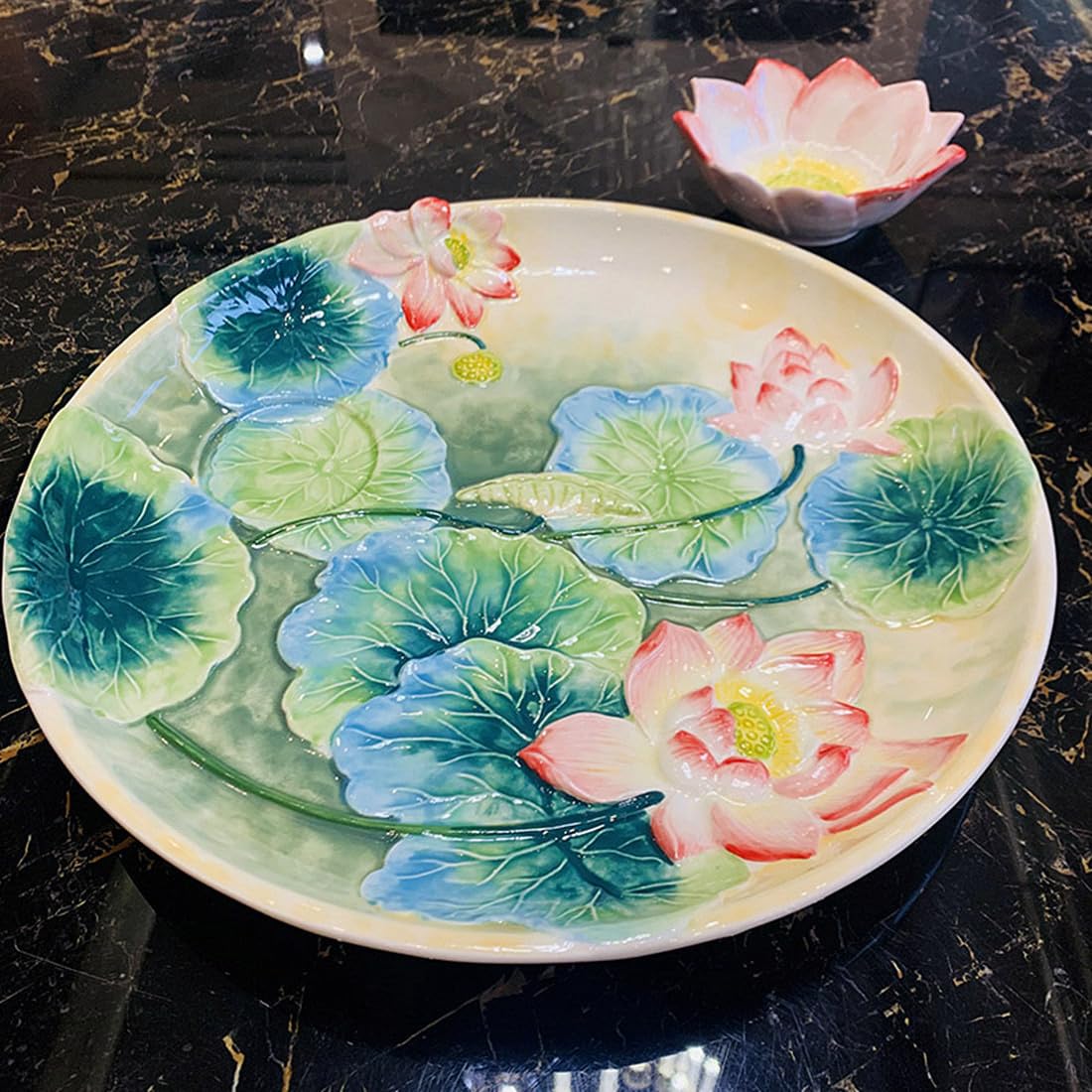 Handpainted 12-Inch Ceramic Chip and Dip Platter with Lotus Flower Design