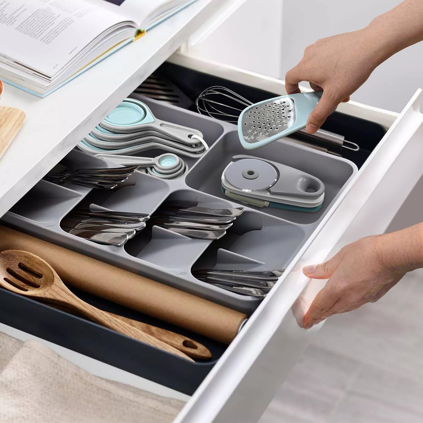 Kitchen Gadgets Set 13-Piece, Space Saving Cooking Tools Includes Cheese Grater, Pizza Cutter, Peeler, Bottle Opener, Garlic Grinder, Collapsible Measuring Cups Spoons for Small Kitchen RV Camp