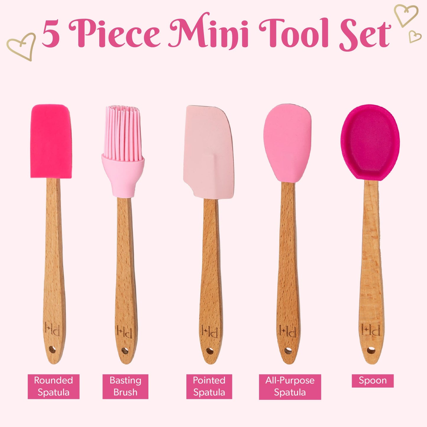 Paris Hilton Mini Silicone Spatula Set, Heat Resistant Kitchen Utensils Tool Set includes Mini rounded spatula, pointed spatula, spoon, all-purpose spatula and basting brush, 5-Piece, Pink