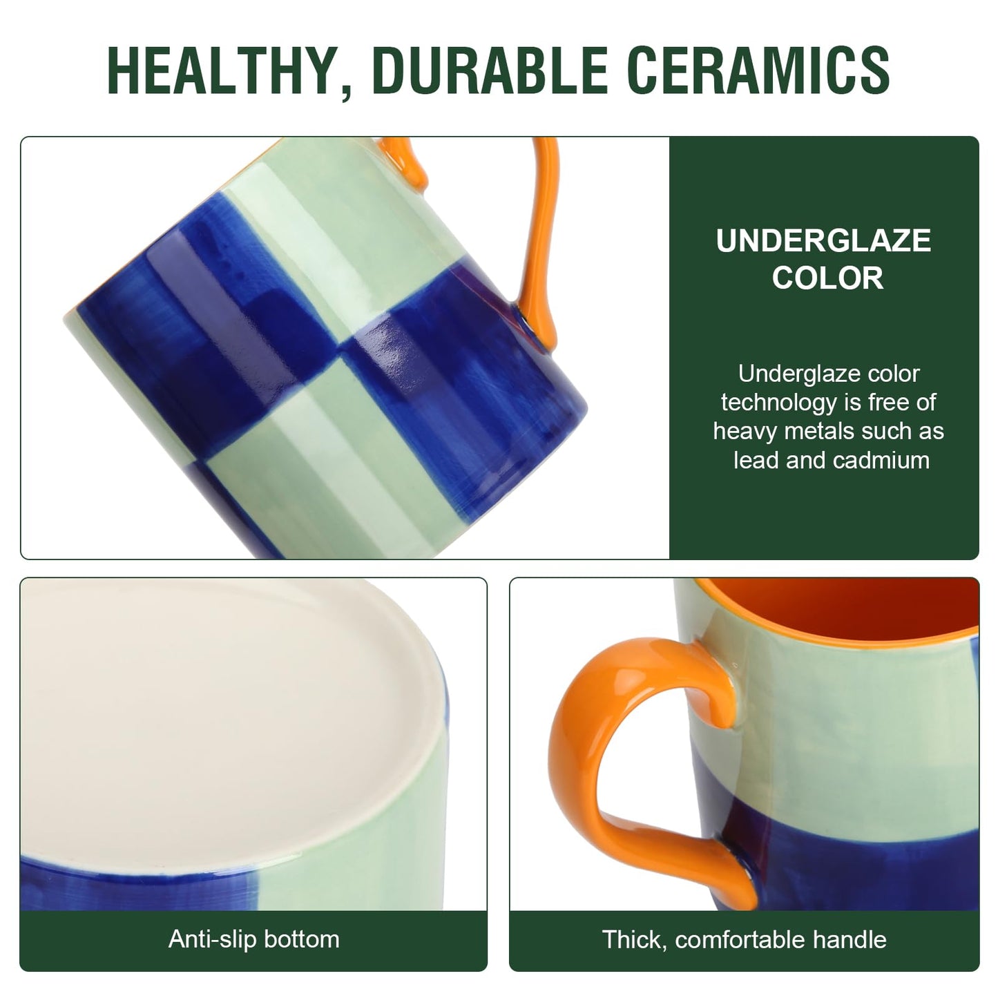 Koja Colorful Hand Painted 16 oz. Porcelain Ceramic Mugs Set. Service for 4.