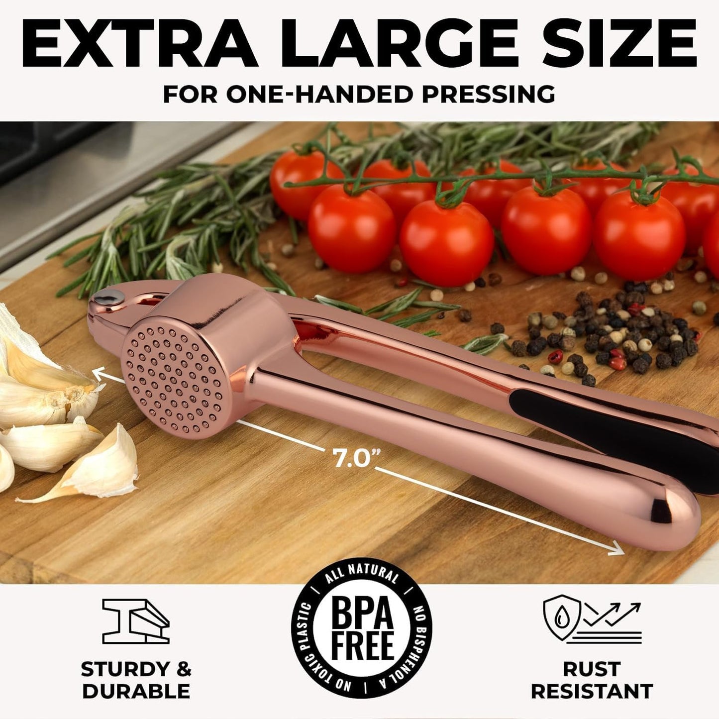 Zulay Kitchen Large Premium Garlic Press Set - Bigger Bowl for Bigger Garlic - Rust Proof and Dishwasher Safe Garlic Mincer Tool - Easy-Squeeze, Easy-Clean Silicone Garlic Peeler and Brush (Rose Gold)