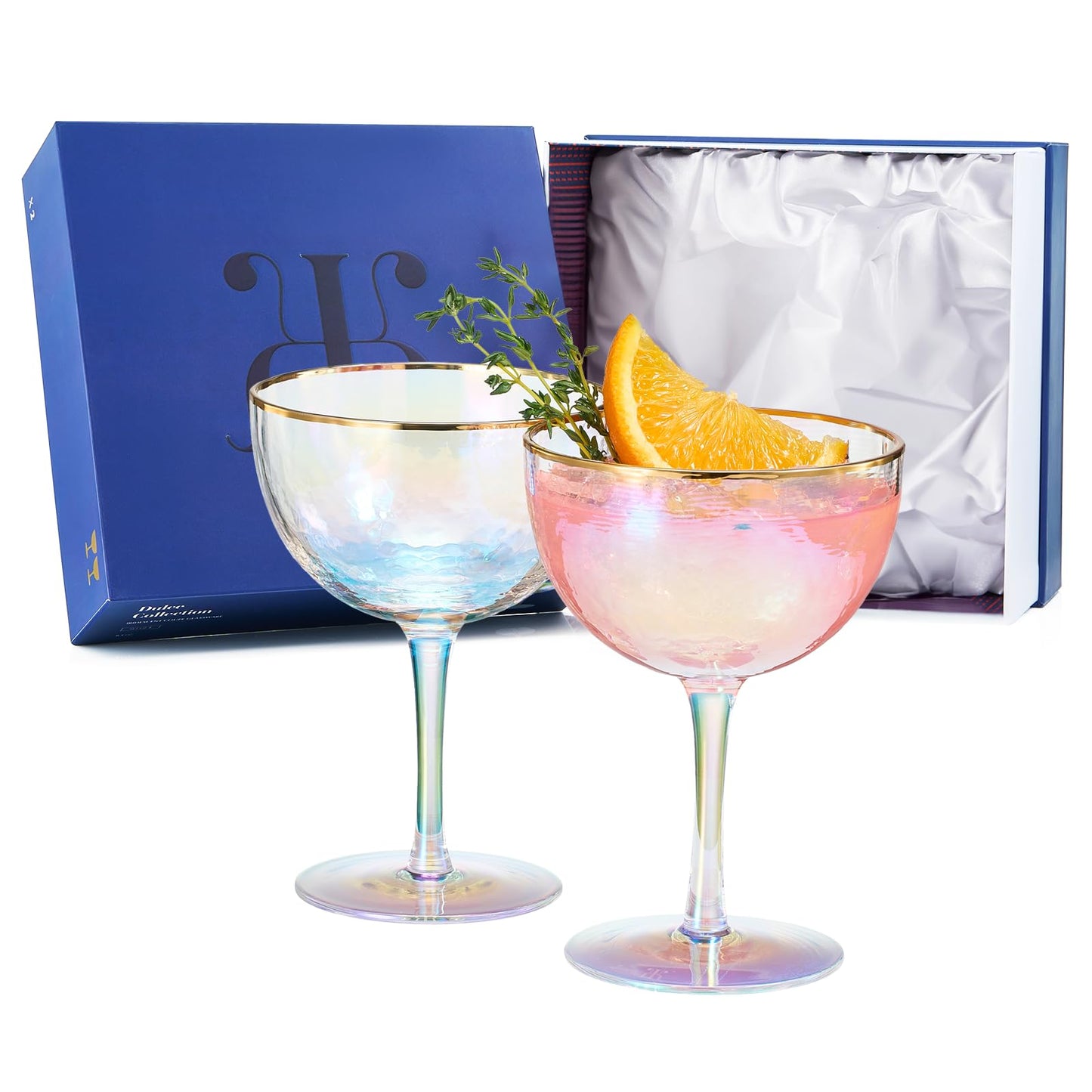Festive Lustered Iridescent Hammered Coupe Glasses - Set of 2 - Gold Rim 8 5oz Colorful Champagne Glasses - Anniversaries, Birthday Gift, Cocktail Party Radiance - Water, Wine, Cosmopolitan, Barware