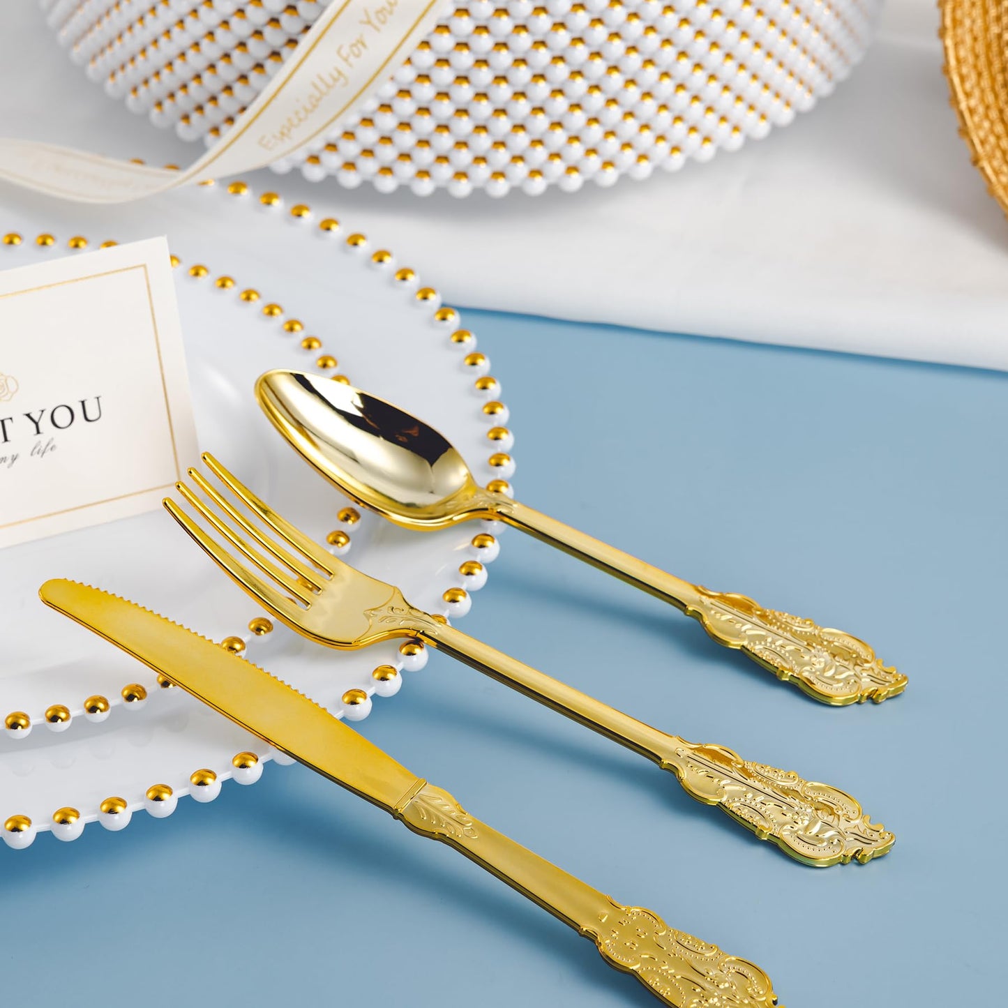 75-Piece Gold Bead-Rimmed Plastic Plate and Utensils Set, Heavy Duty Dinnerware Set Includes 15 Dinner Plates, 15 Dessert Plates, 15 Gold Plastic Forks, 15 Spoons, 15 Knives, Perfect for Parties and Weddings