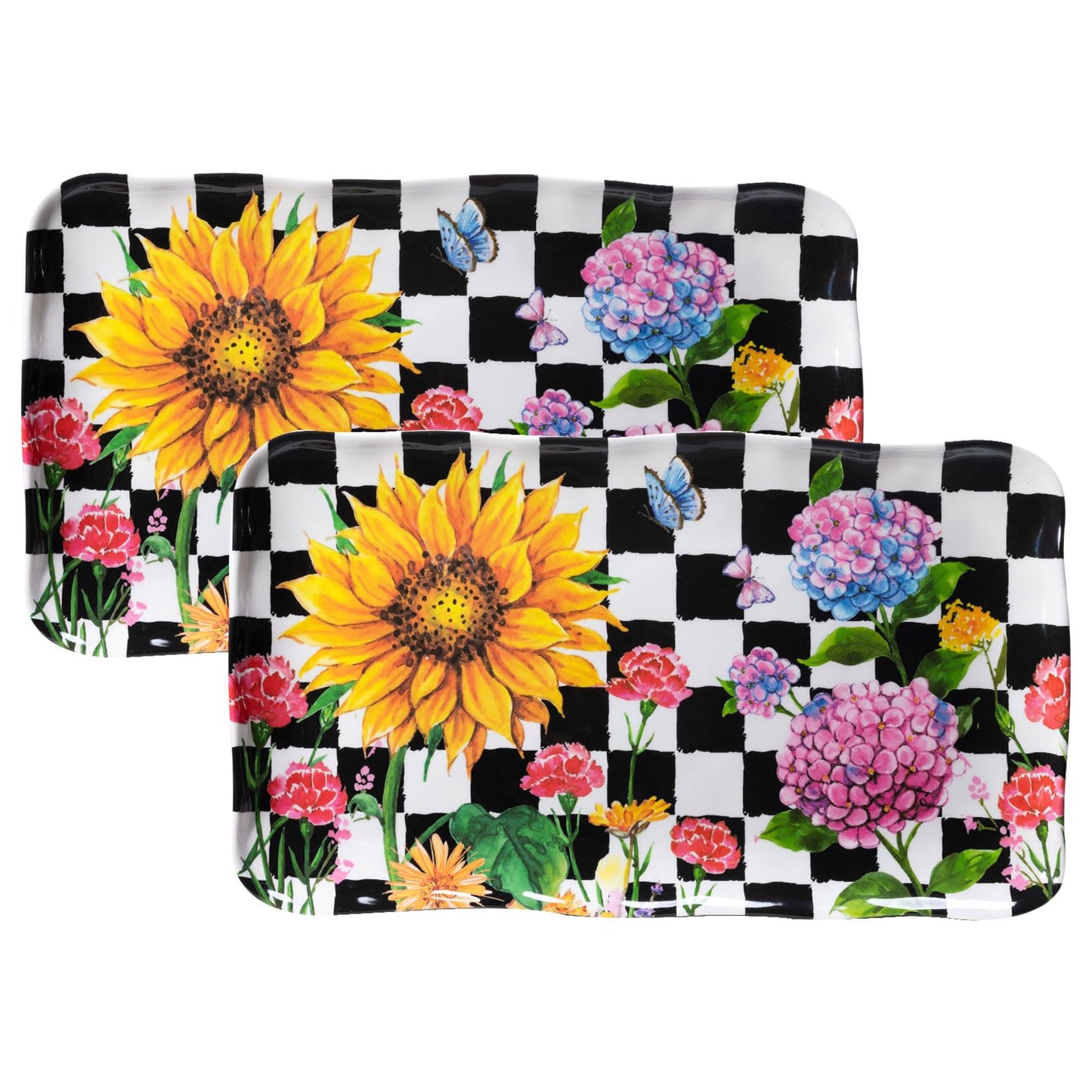 Black Plaid and Floral Rectangular Melamine Sunflower Serving Tray, 2-Piece Hydrangea Serving Platter Set, 17.5" x 10" Colorful Trays/Platters Sets for Outdoor and Indoor Dining and Entertaining Parties, Black Plaid