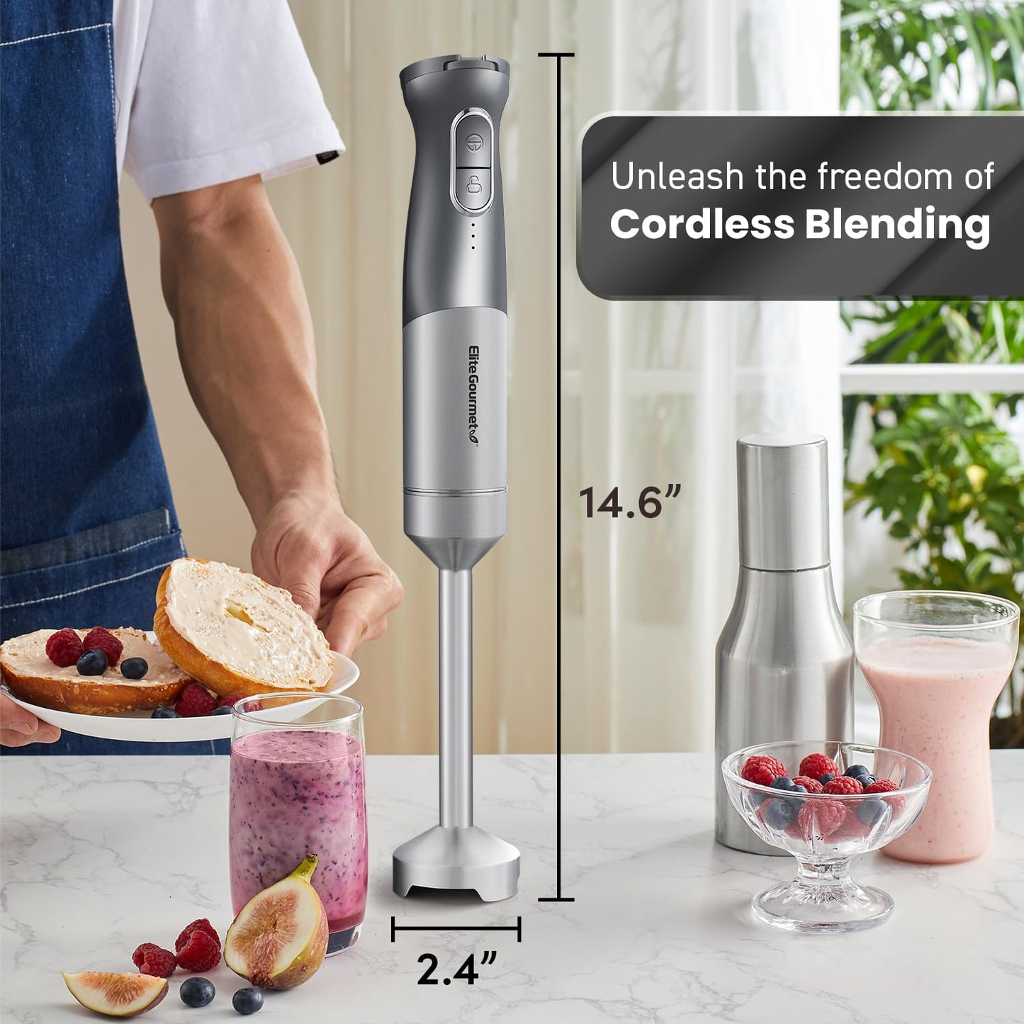 Elite Gourmet EHB1324 Cordless, Rechargeable Hand Blender, Variable 5-Speed Blending, One-Touch Power Button & Safety Lock, Stainless Steel Blades, Portable, Sauces, Soup, Smoothies, Baby Food, Gray