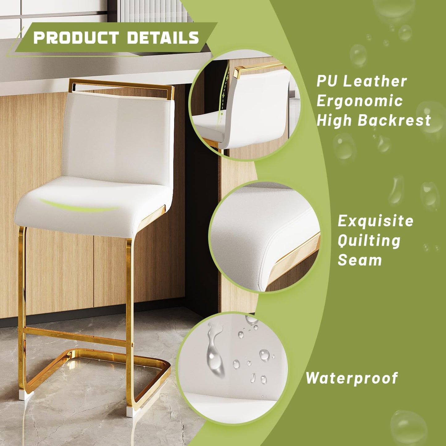 Glam Contemporary White Faux Leather and Gold Metal Bar Stools (Set of 4)