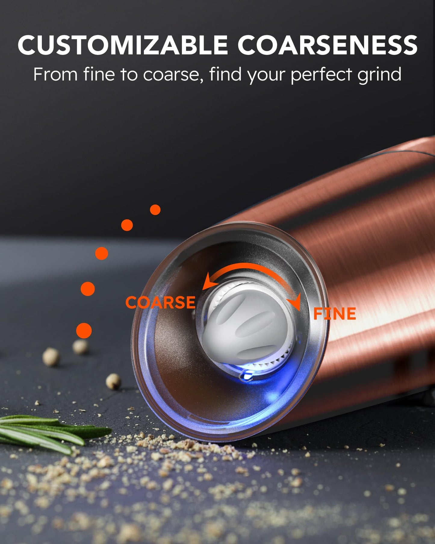 Upgraded 9 Oz. Capacity Electric Salt and Pepper Grinder Set, Battery Powered Salt Grinder Refillable, Automatic One Hand Operation Adjustable Coarseness, (Golden)